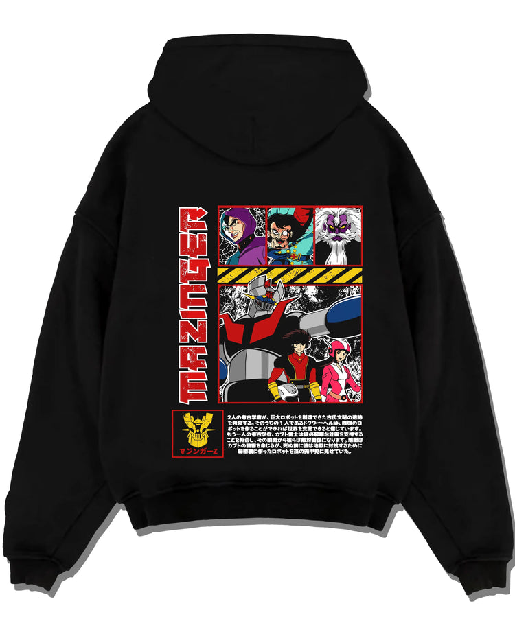 Black pullover hoodie laid flat with Mazinger Z Robot Hoodie Mecha Anime Classic graphic bold anime graphic.
