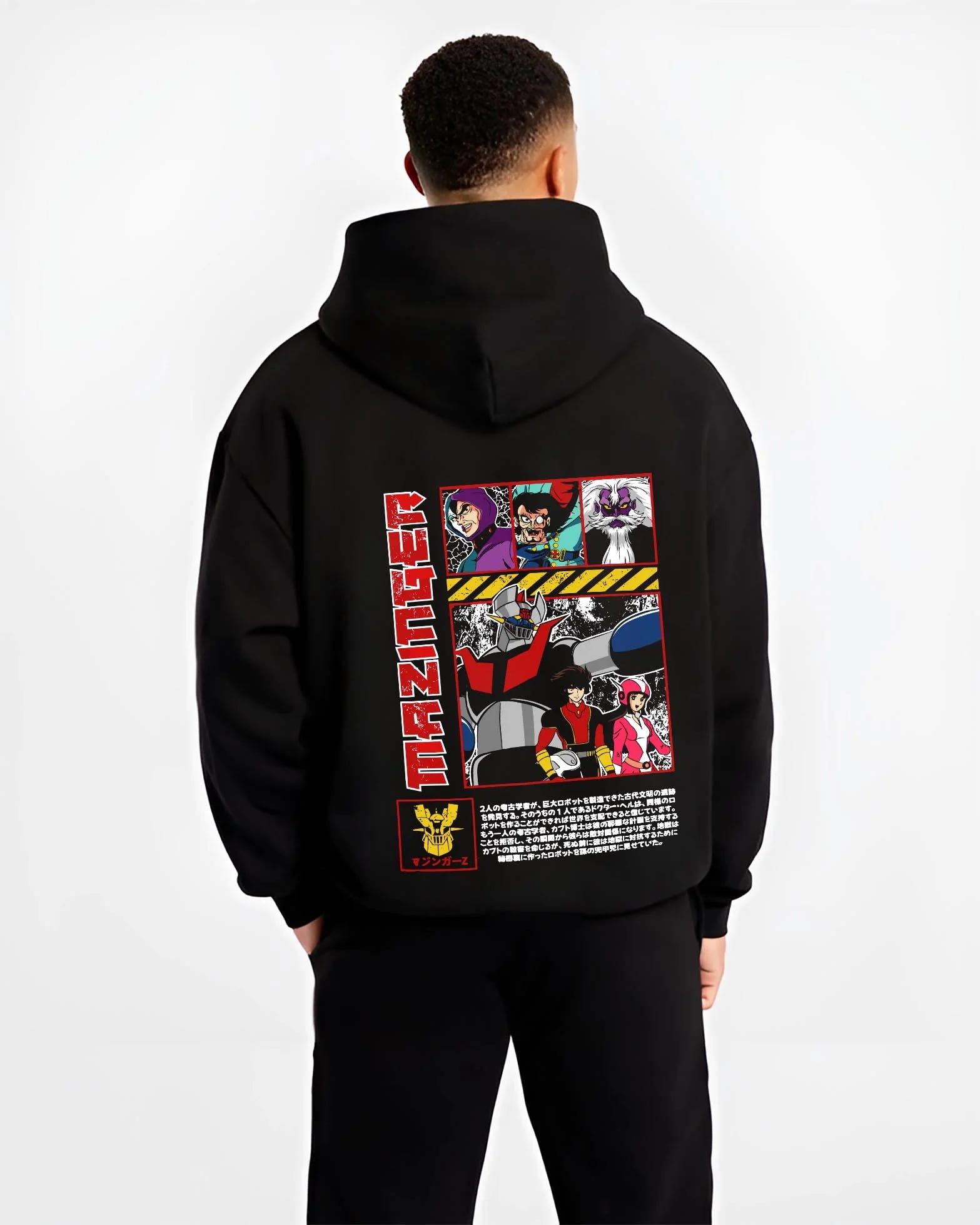 Black hoodie worn by male model, back view with Mazinger Z Robot Hoodie Mecha Anime Classic graphic premium wear.