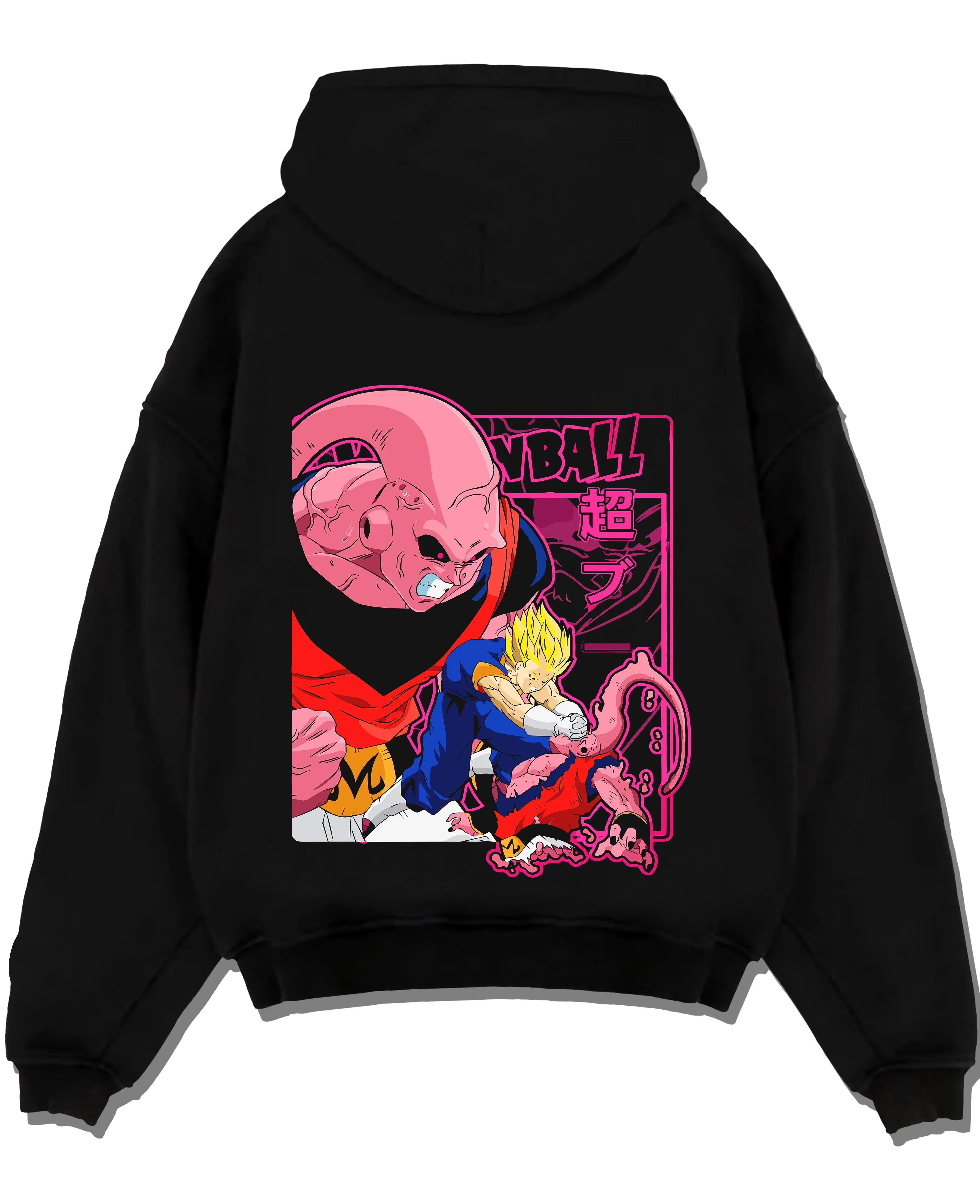 Black pullover hoodie laid flat with Majin Buu Hoodie Dragon Ball Z Evil Form graphic unique graphic apparel.