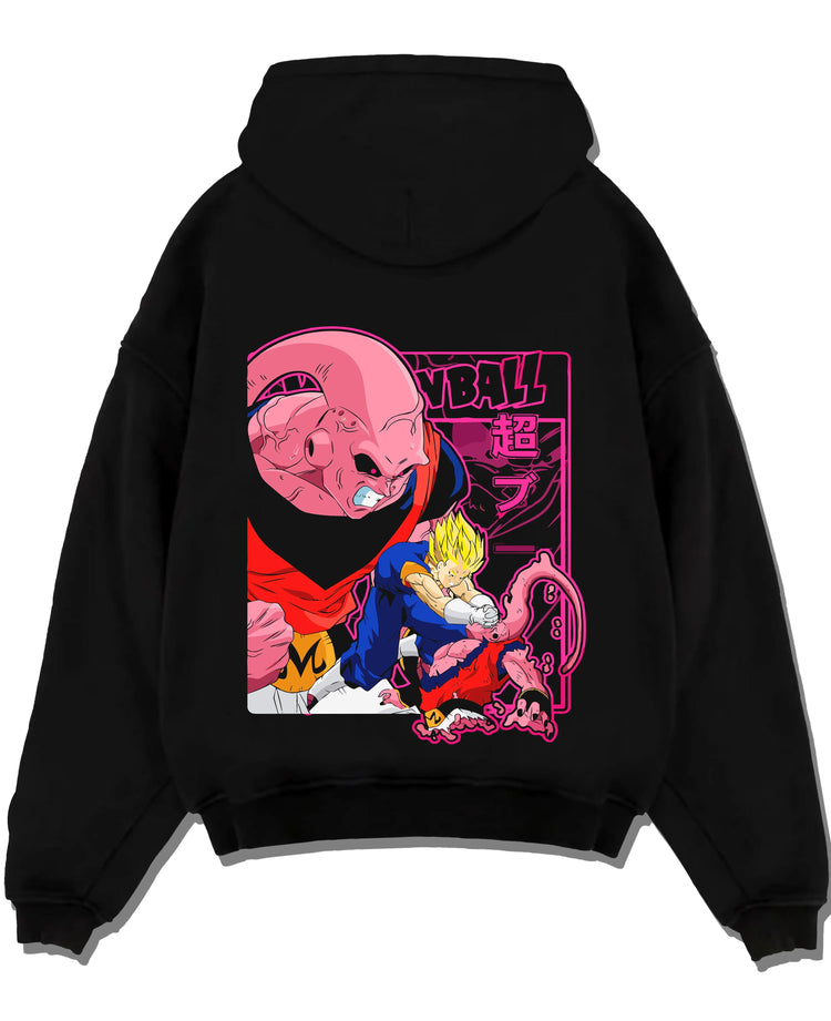 Black pullover hoodie laid flat with Majin Buu Hoodie Dragon Ball Z Evil Form graphic unique graphic apparel.