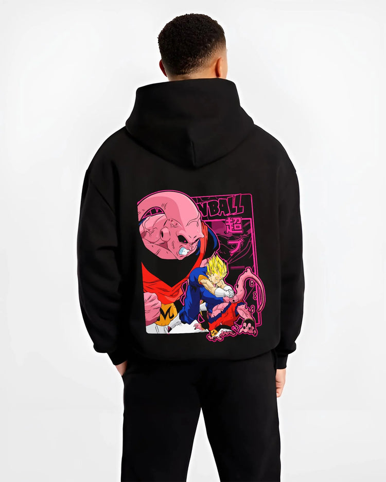 Black hoodie worn by male model, back view with Majin Buu Hoodie Dragon Ball Z Evil Form graphic bold anime graphic.