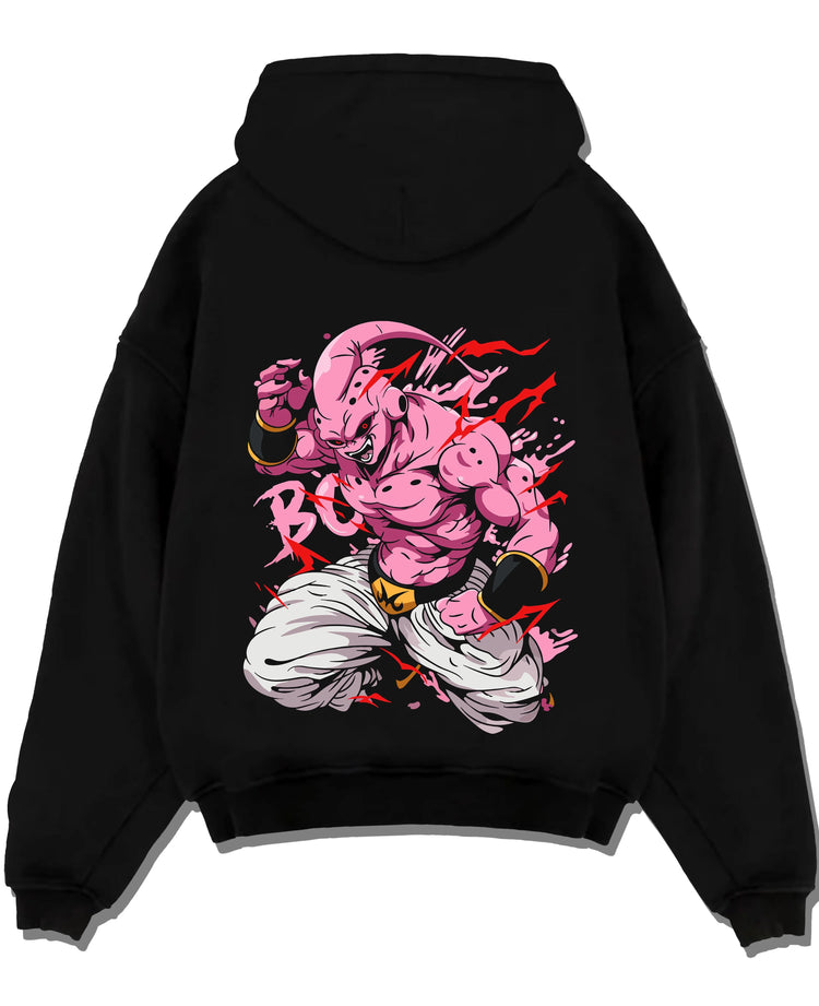 Black pullover hoodie laid flat with Majin Buu Kid Hoodie Dragon Ball Z Chaos Power graphic premium wear.