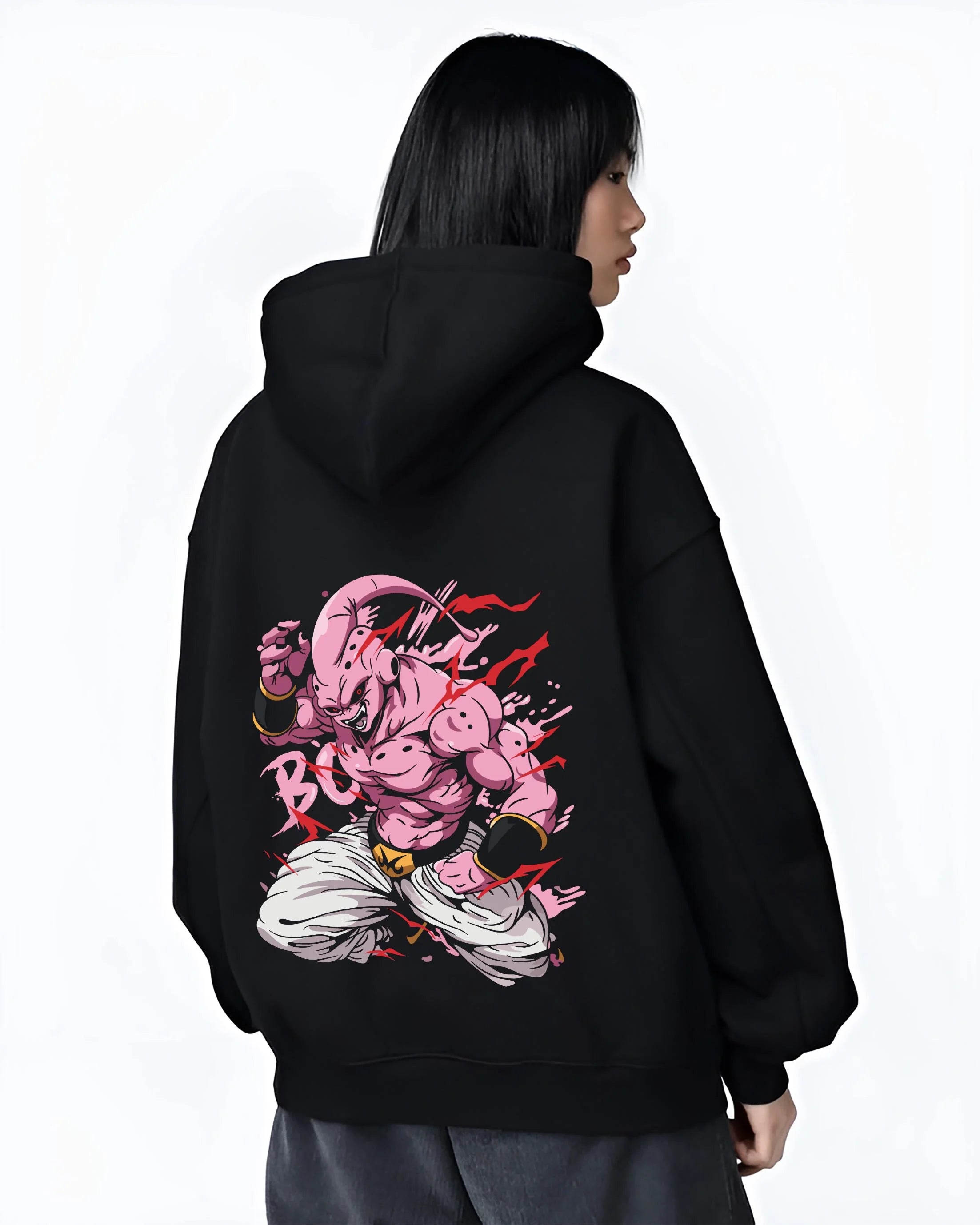 Black hoodie worn by female model, back view with Majin Buu Kid Hoodie Dragon Ball Z Chaos Power graphic streetwear graphic.