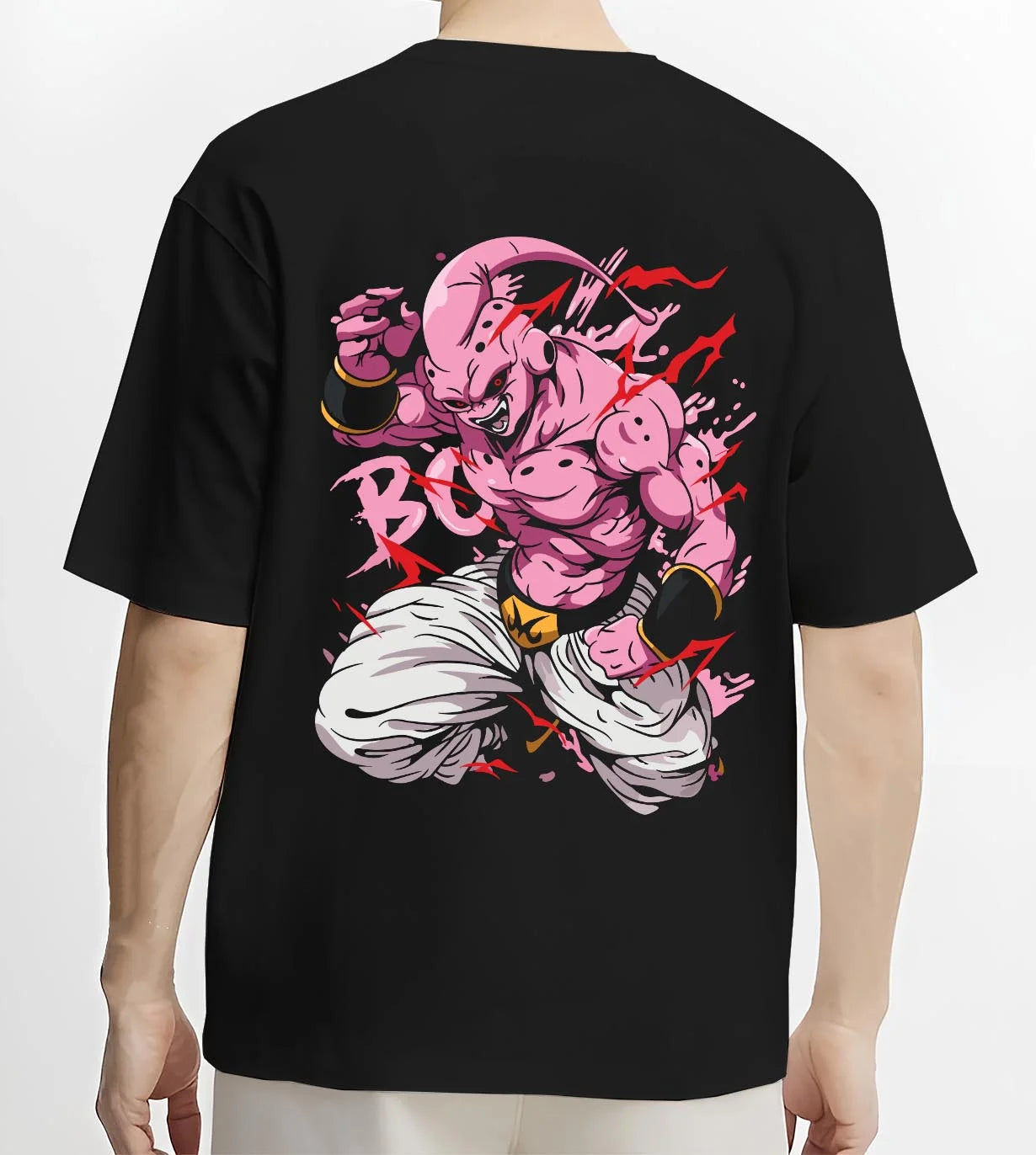 Black T-shirt worn by male model, back view with Majin Buu Kid Hoodie Dragon Ball Z Chaos Power graphic streetwear graphic.