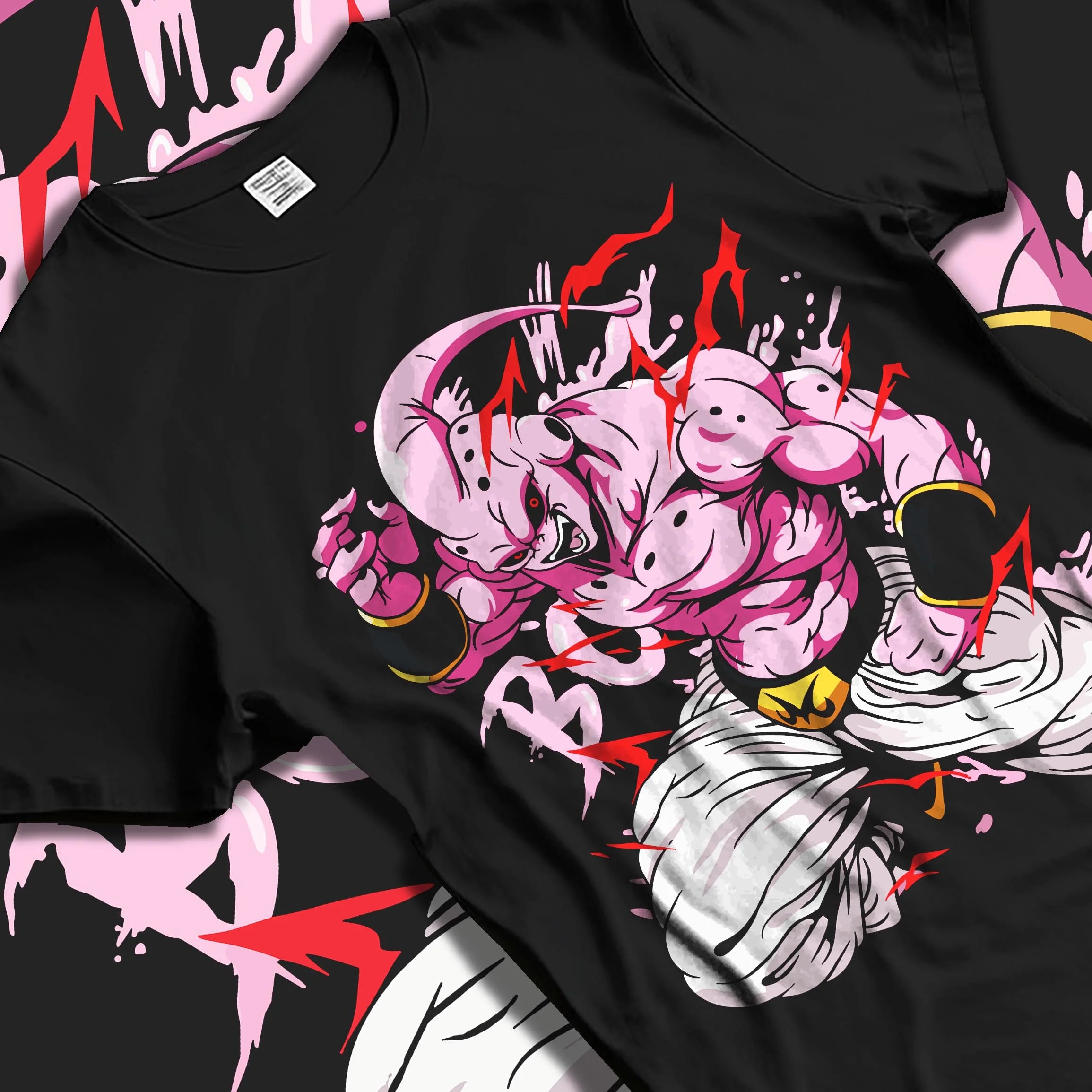 Black T-shirt laid flat with natural folds with Majin Buu Kid Hoodie Dragon Ball Z Chaos Power graphic premium wear.