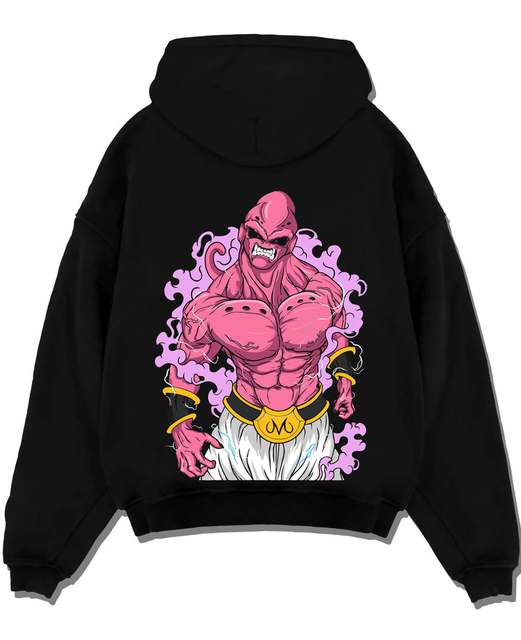 Black pullover hoodie laid flat with Majin Buu Pure Hoodie Dragon Ball Z Rampage graphic bold anime graphic.