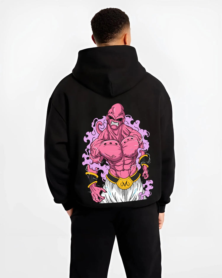 Black hoodie worn by male model, back view with Majin Buu Pure Hoodie Dragon Ball Z Rampage graphic premium wear.
