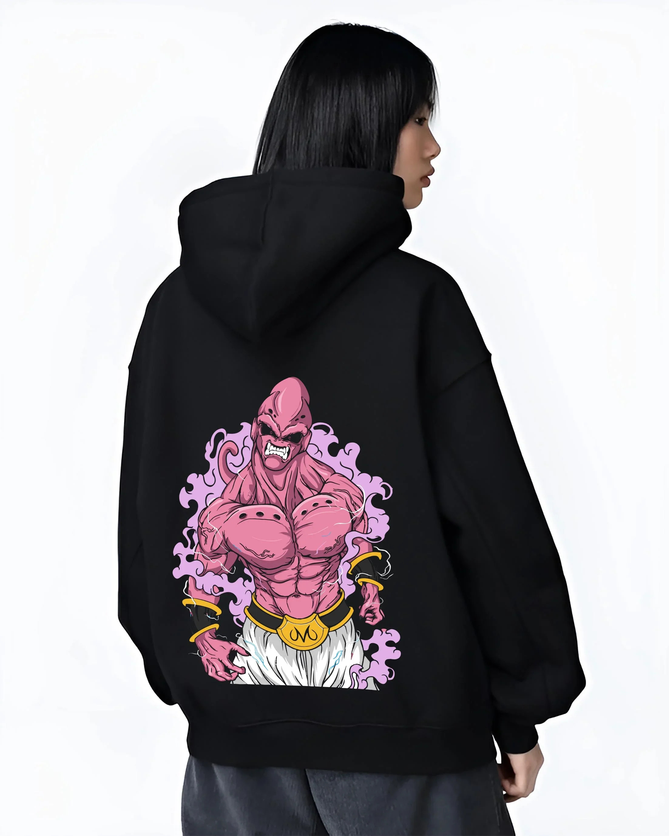 Black hoodie worn by female model, back view with Majin Buu Pure Hoodie Dragon Ball Z Rampage graphic bold anime graphic.