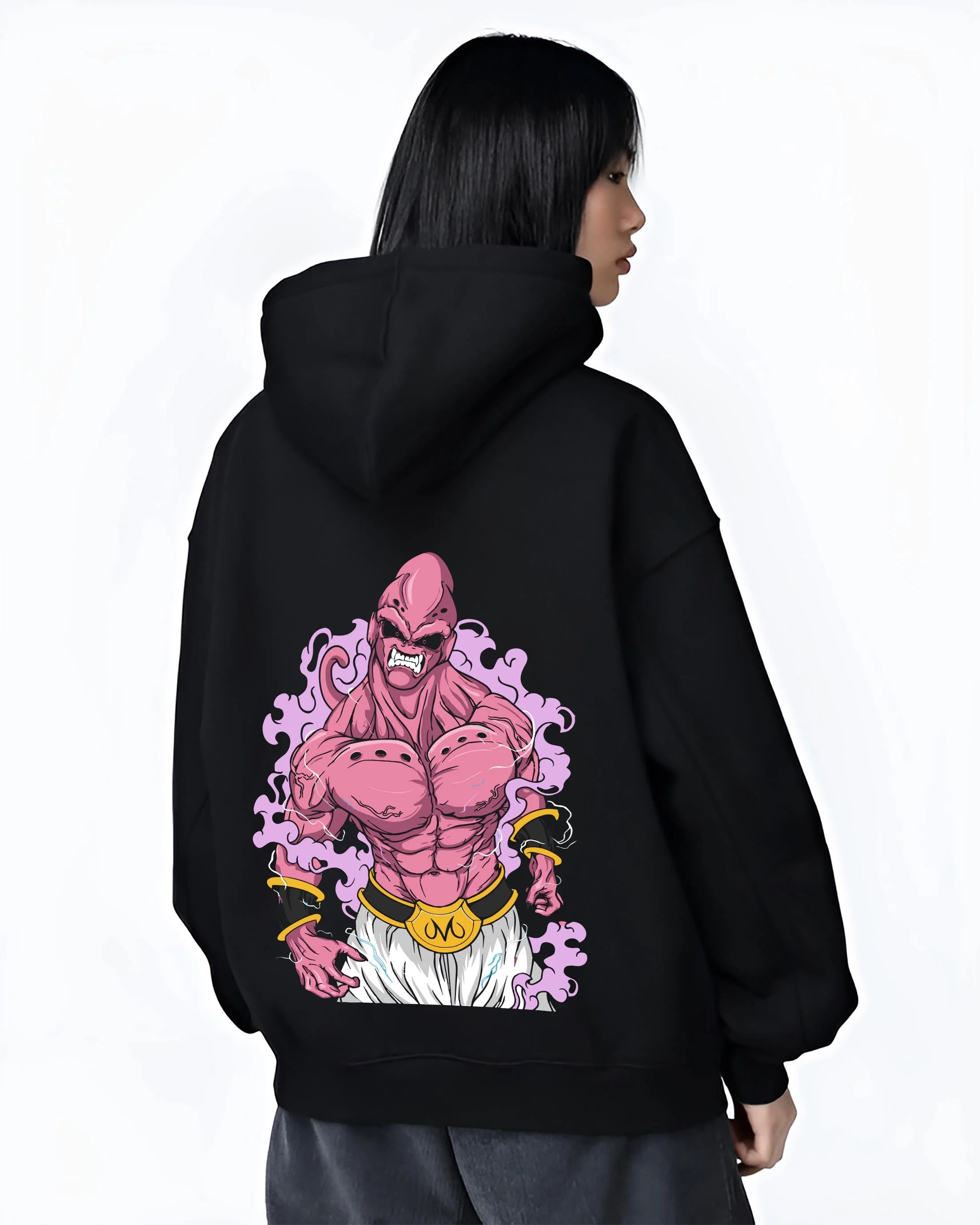 Black hoodie worn by female model, back view with Majin Buu Pure Hoodie Dragon Ball Z Rampage graphic bold anime graphic.