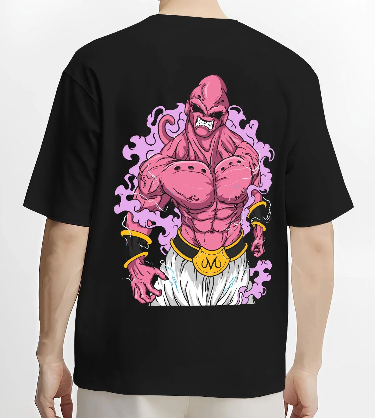 Black T-shirt worn by male model, back view with Majin Buu Pure Hoodie Dragon Ball Z Rampage graphic streetwear graphic.