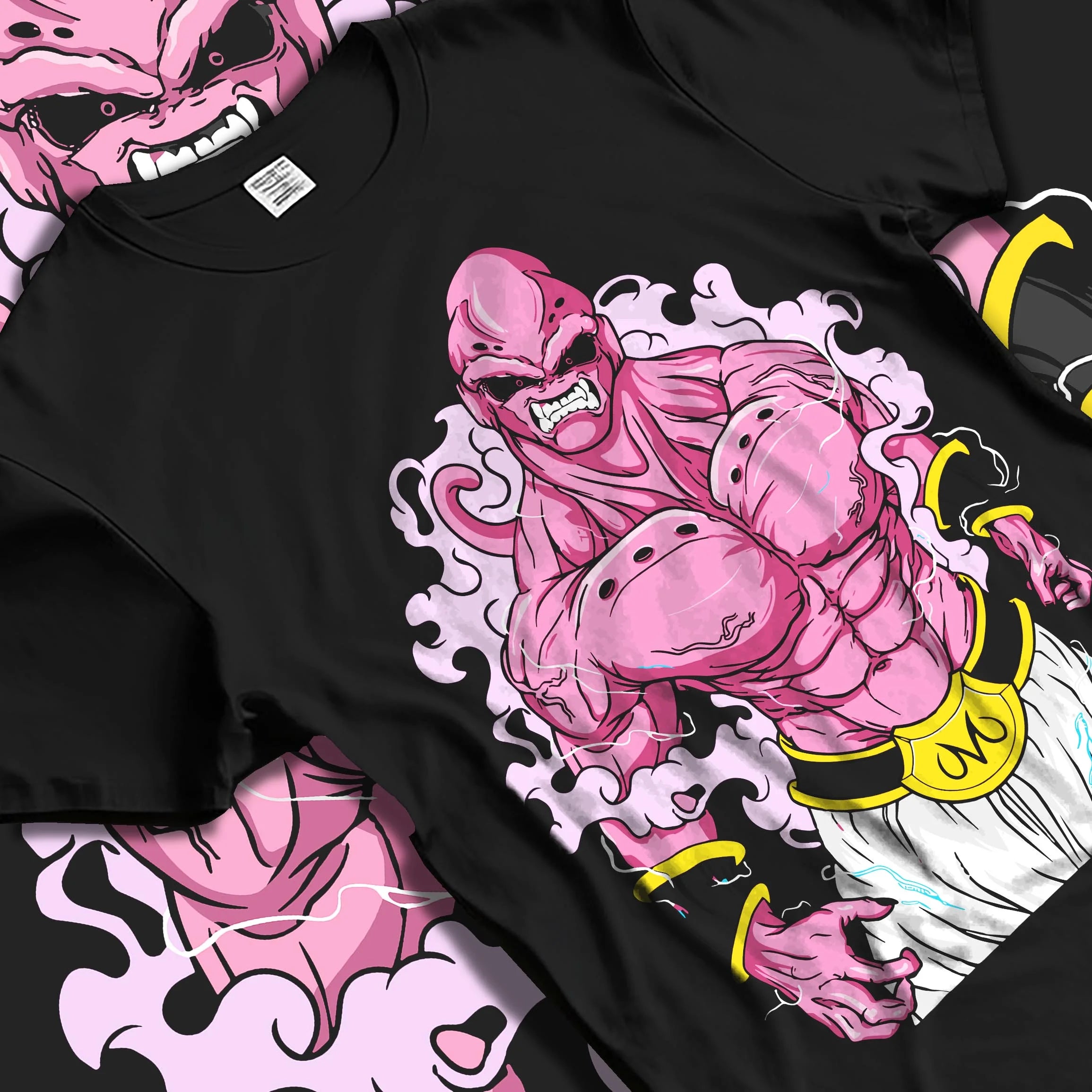 Black T-shirt laid flat with natural folds with Majin Buu Pure Hoodie Dragon Ball Z Rampage graphic premium wear.