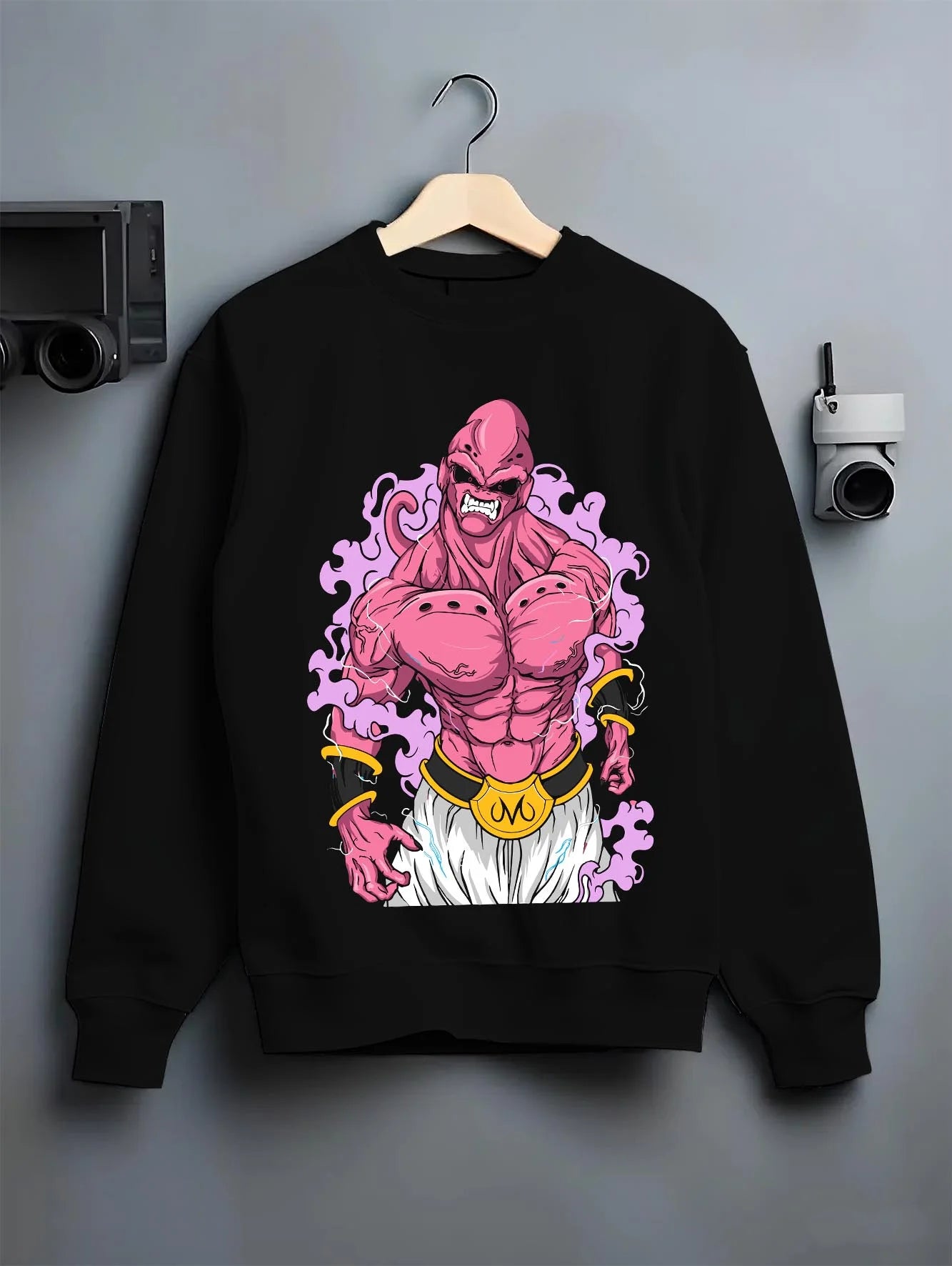 Black crewneck sweatshirt on hanger with Majin Buu Pure Hoodie Dragon Ball Z Rampage graphic premium wear.
