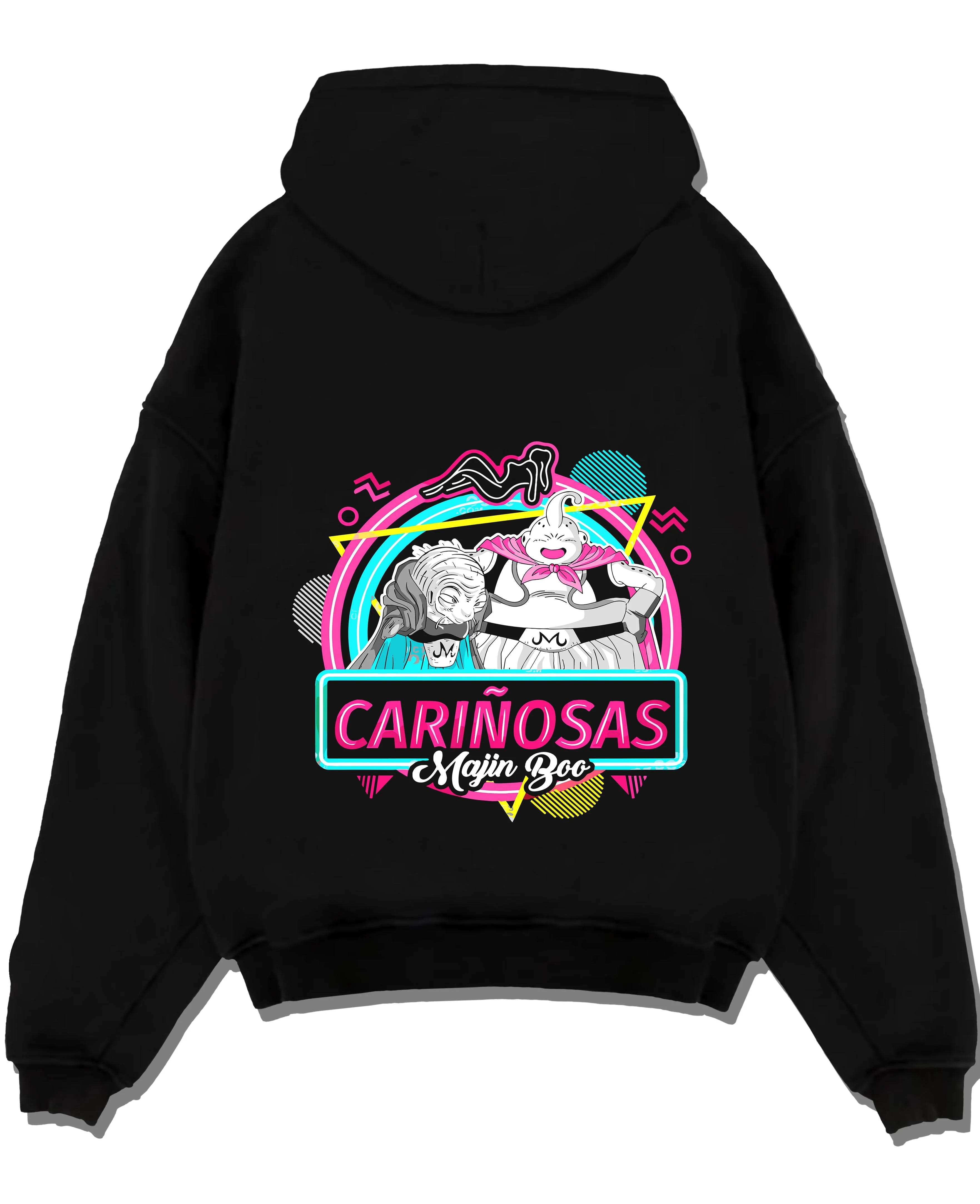 Black pullover hoodie laid flat with Majin Buu Neon Hoodie Dragon Ball Z Carinosas graphic bold anime graphic.