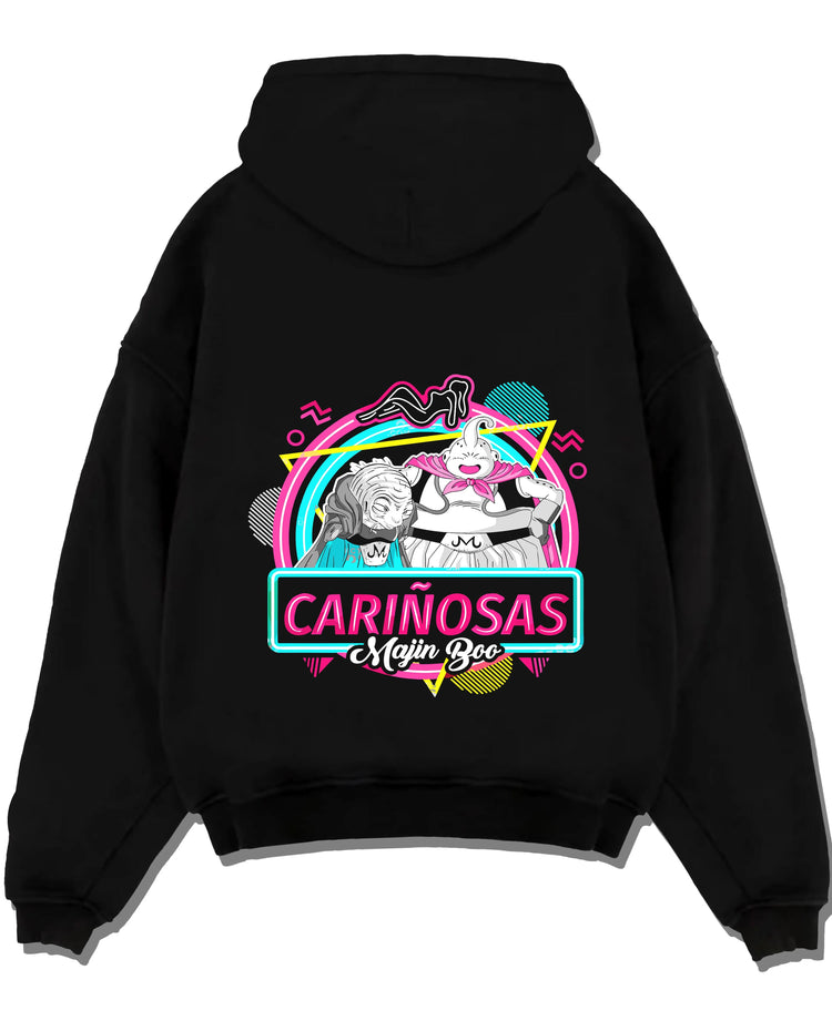 Black pullover hoodie laid flat with Majin Buu Neon Hoodie Dragon Ball Z Carinosas graphic bold anime graphic.