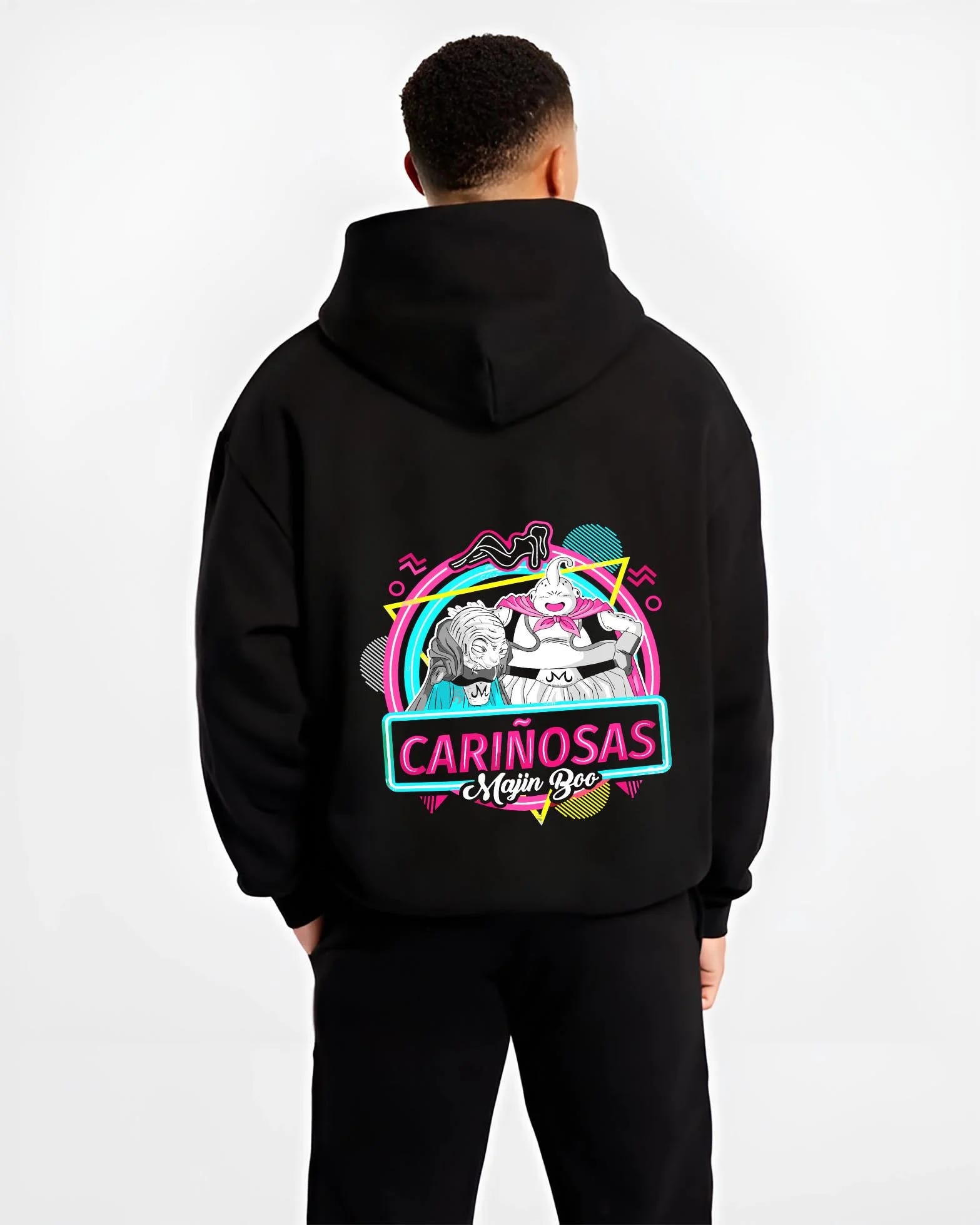 Black hoodie worn by male model, back view with Majin Buu Neon Hoodie Dragon Ball Z Carinosas graphic premium wear.