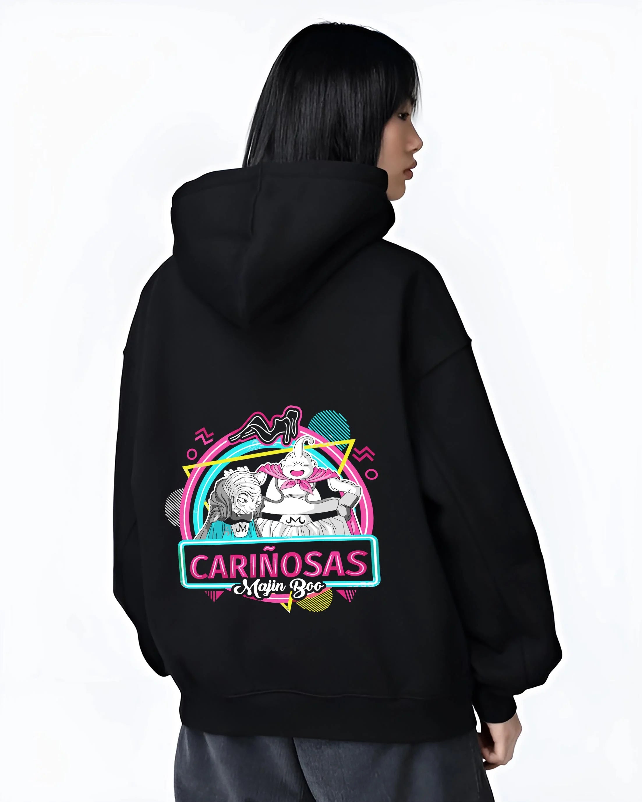 Black hoodie worn by female model, back view with Majin Buu Neon Hoodie Dragon Ball Z Carinosas graphic premium wear.