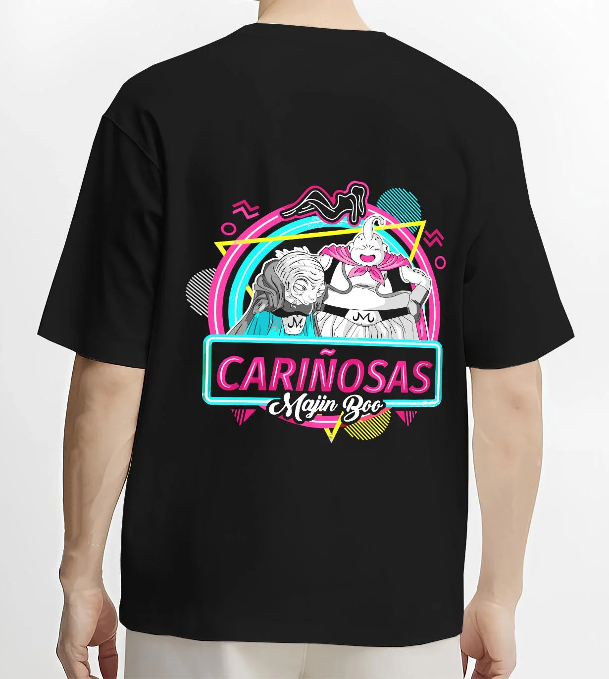Black T-shirt worn by male model, back view with Majin Buu Neon Hoodie Dragon Ball Z Carinosas graphic streetwear graphic.