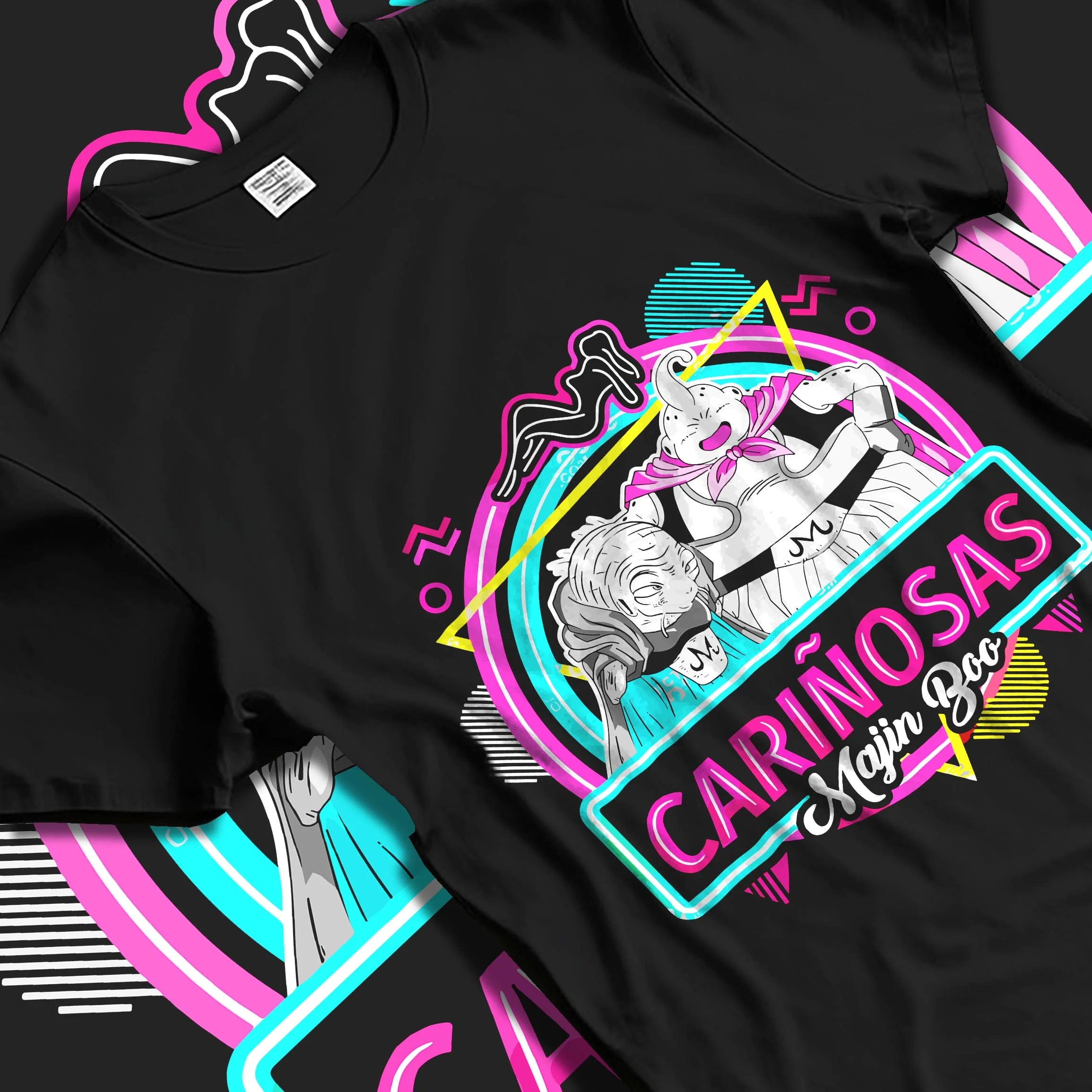 Black T-shirt laid flat with natural folds with Majin Buu Neon Hoodie Dragon Ball Z Carinosas graphic bold anime graphic.