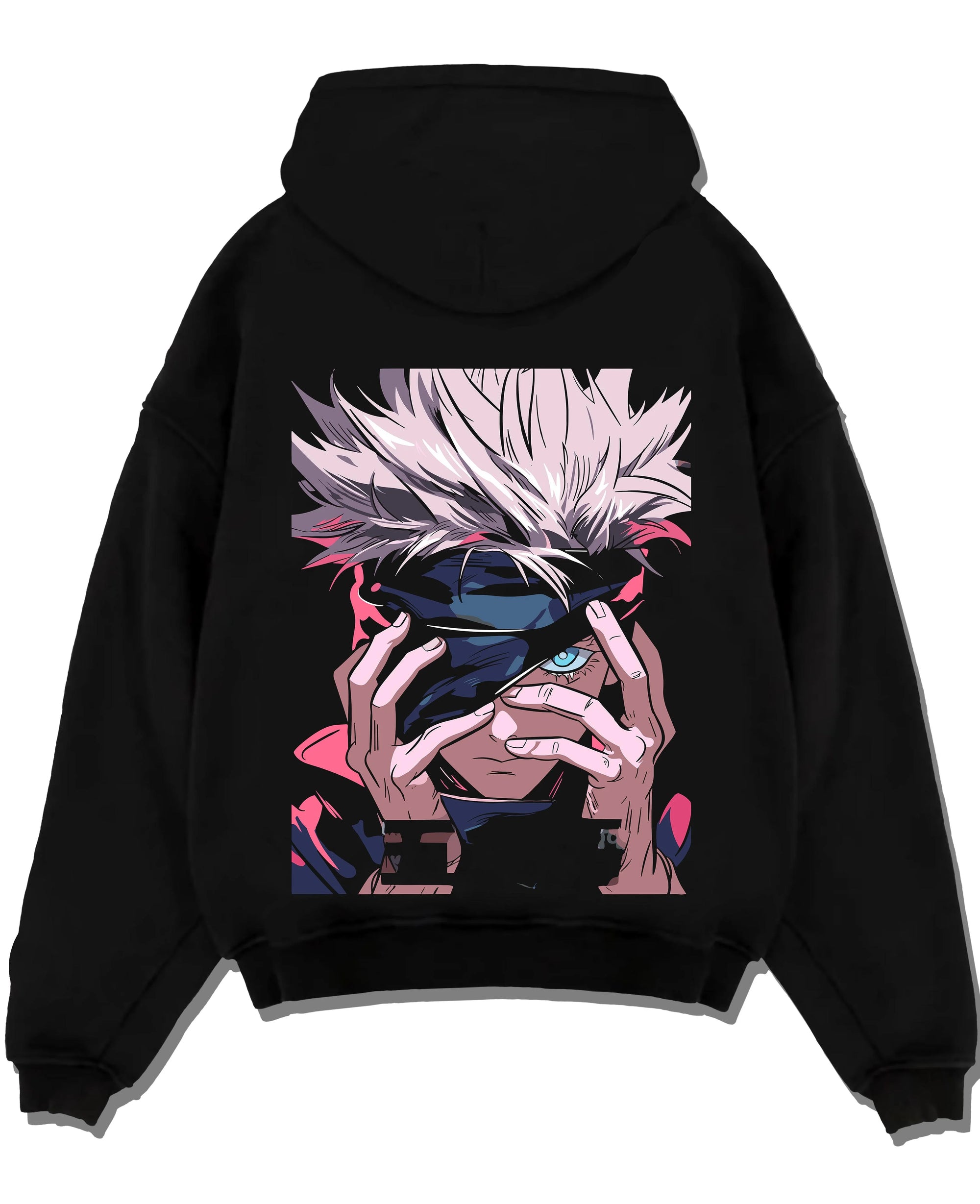 Black pullover hoodie laid flat with Gojo Satoru Hoodie Jujutsu Kaisen Cursed Eyes graphic streetwear graphic.