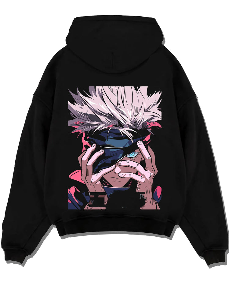 Black pullover hoodie laid flat with Gojo Satoru Hoodie Jujutsu Kaisen Cursed Eyes graphic streetwear graphic.