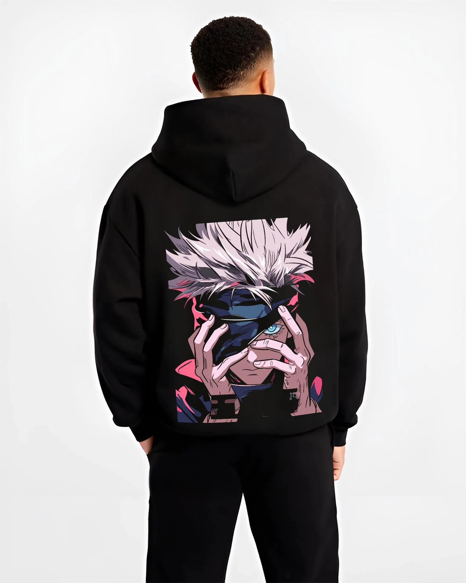 Black hoodie worn by male model, back view with Gojo Satoru Hoodie Jujutsu Kaisen Cursed Eyes graphic streetwear graphic.