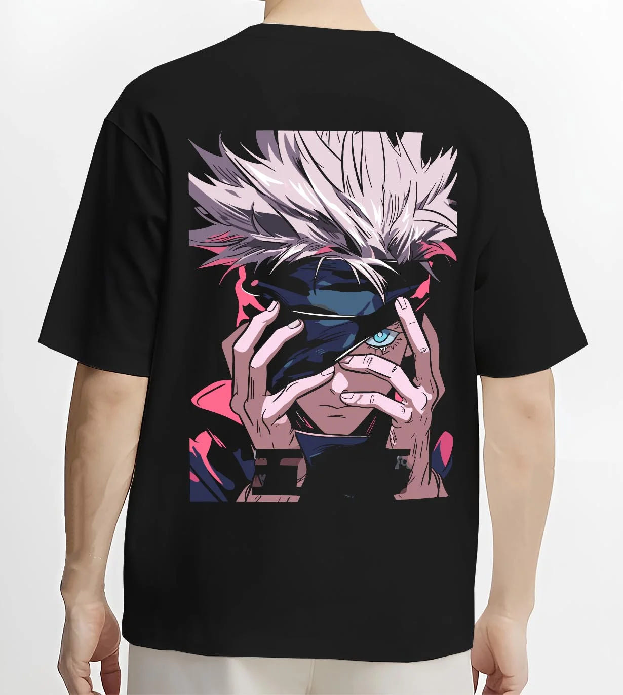Black T-shirt worn by male model, back view with Gojo Satoru Hoodie Jujutsu Kaisen Cursed Eyes graphic premium wear.