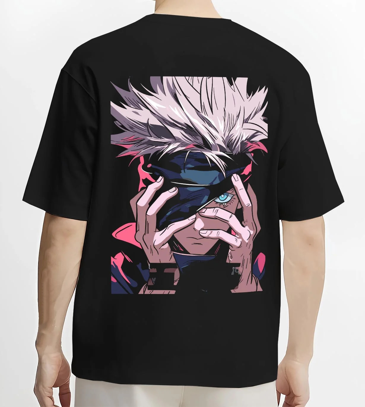 Black T-shirt worn by male model, back view with Gojo Satoru Hoodie Jujutsu Kaisen Cursed Eyes graphic premium wear.