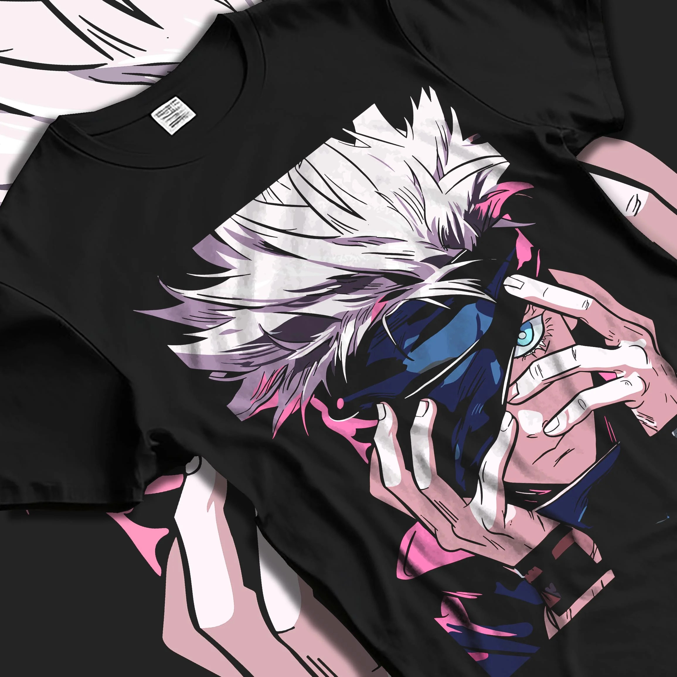 Black T-shirt laid flat with natural folds with Gojo Satoru Hoodie Jujutsu Kaisen Cursed Eyes graphic streetwear graphic.