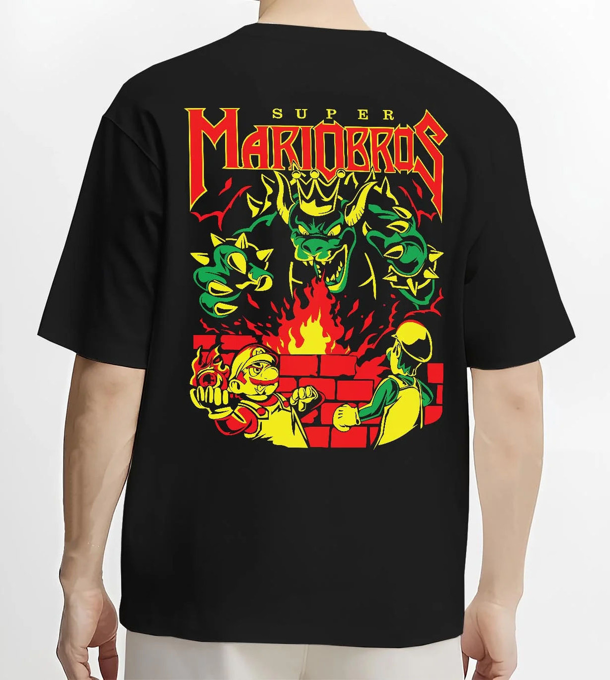 Black T-shirt worn by male model from the back featuring Mario, Bowser and the Koopa crew artwork.