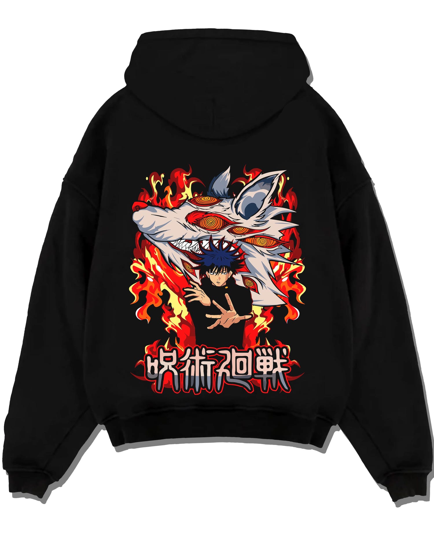 Black pullover hoodie laid flat with Megumi Fushiguro Hoodie Jujutsu Kaisen Chimera graphic bold anime graphic.