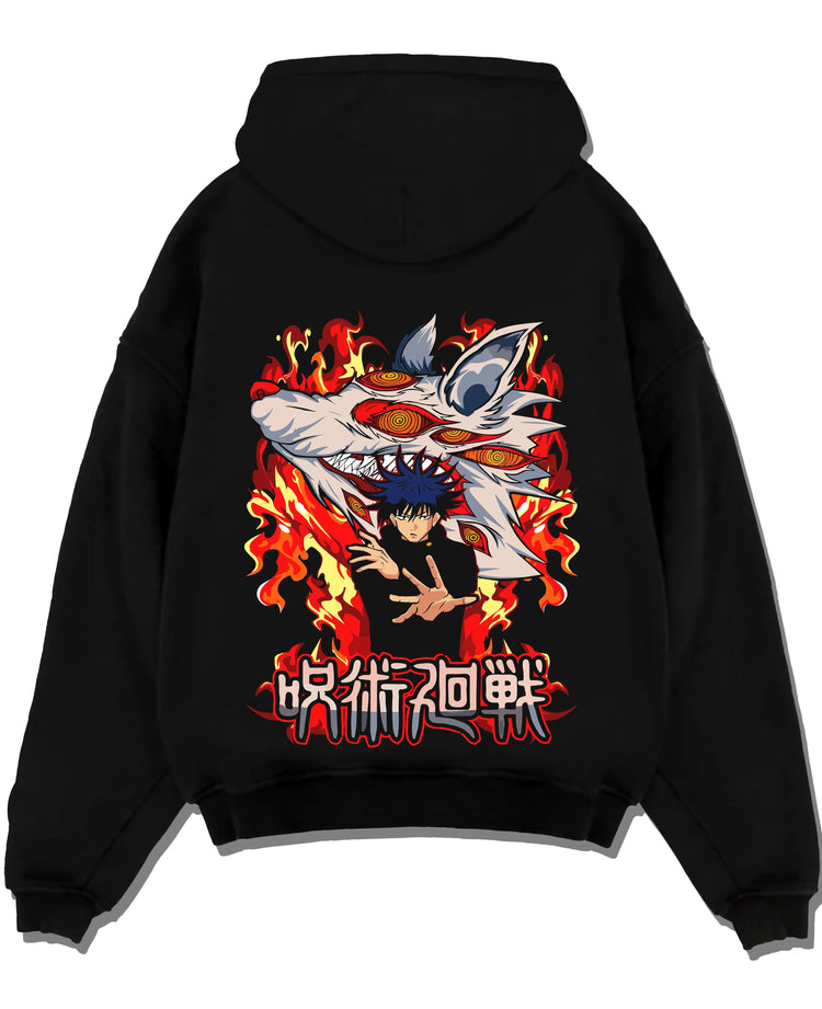 Black pullover hoodie laid flat with Megumi Fushiguro Hoodie Jujutsu Kaisen Chimera graphic bold anime graphic.