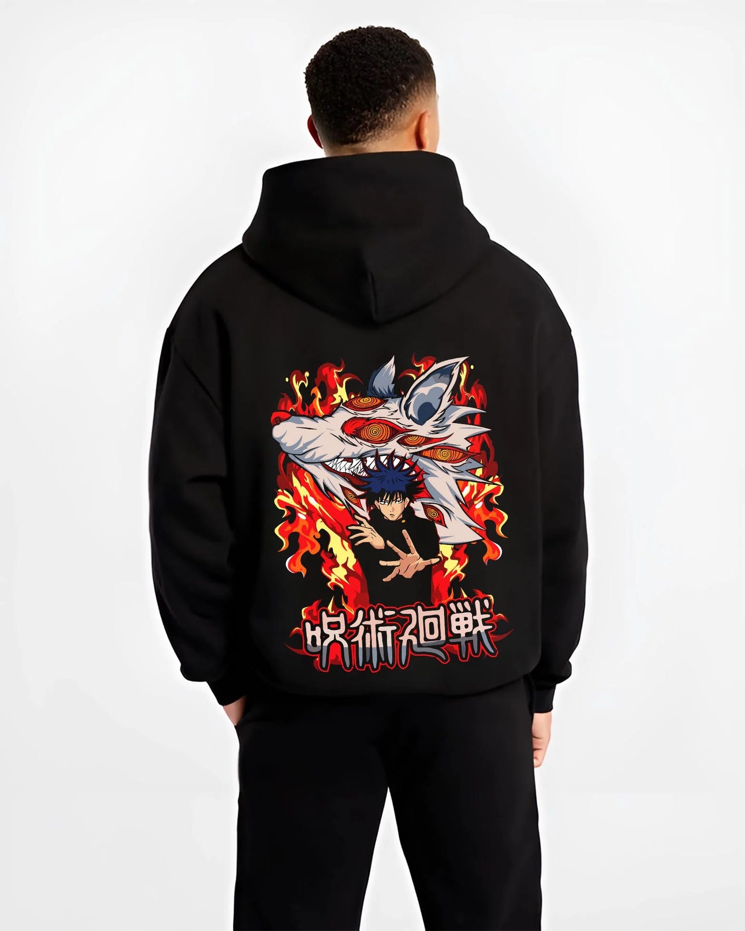 Black hoodie worn by male model, back view with Megumi Fushiguro Hoodie Jujutsu Kaisen Chimera graphic bold anime graphic.