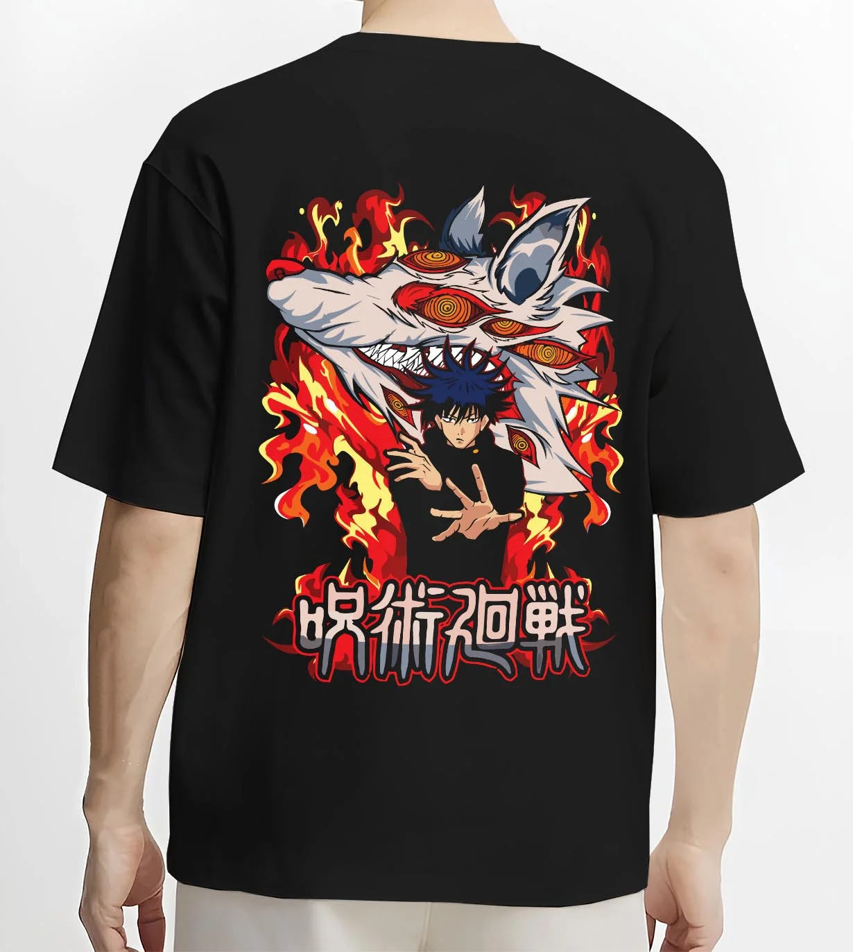 Black T-shirt worn by male model, back view with Megumi Fushiguro Hoodie Jujutsu Kaisen Chimera graphic streetwear graphic.