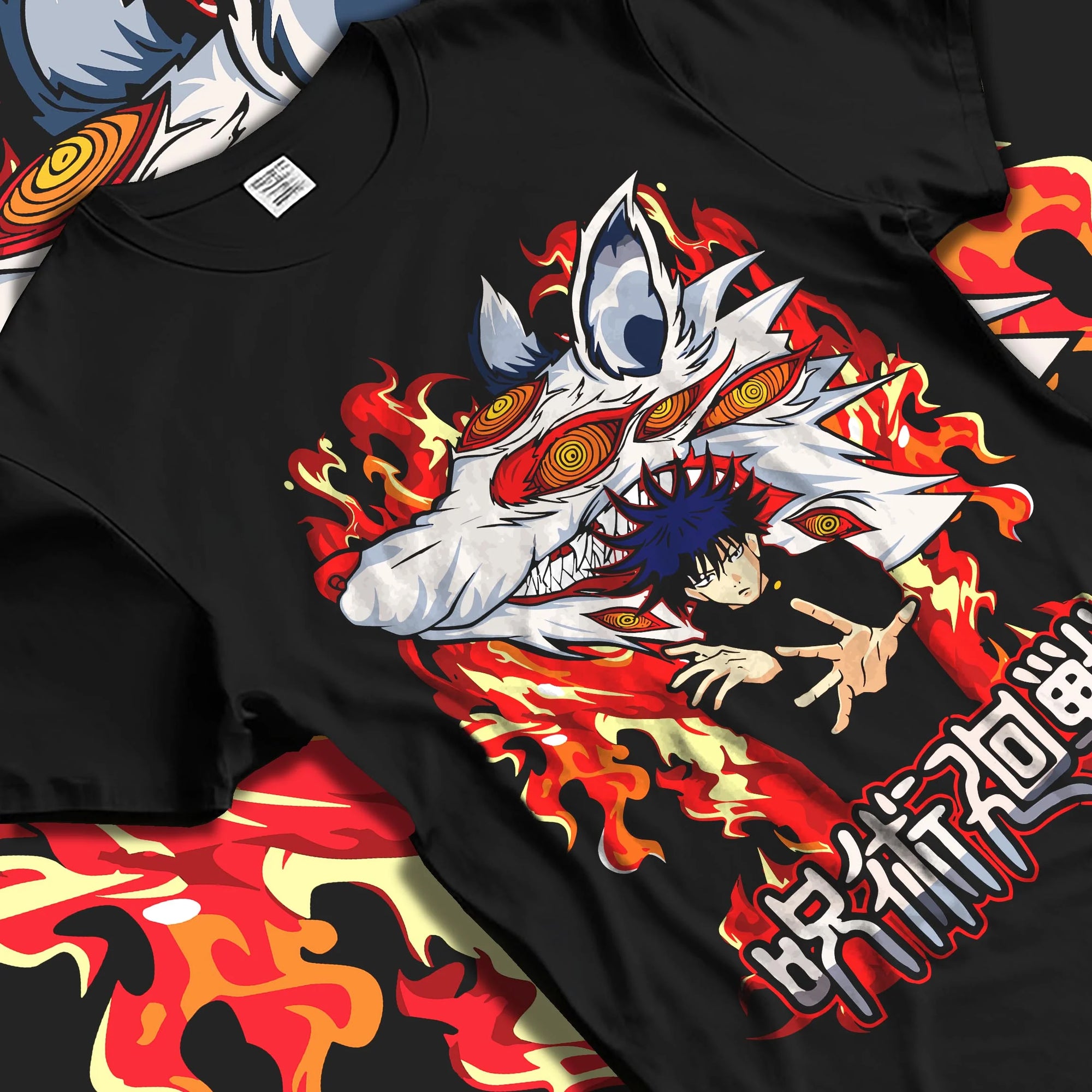 Black T-shirt laid flat with natural folds with Megumi Fushiguro Hoodie Jujutsu Kaisen Chimera graphic premium wear.