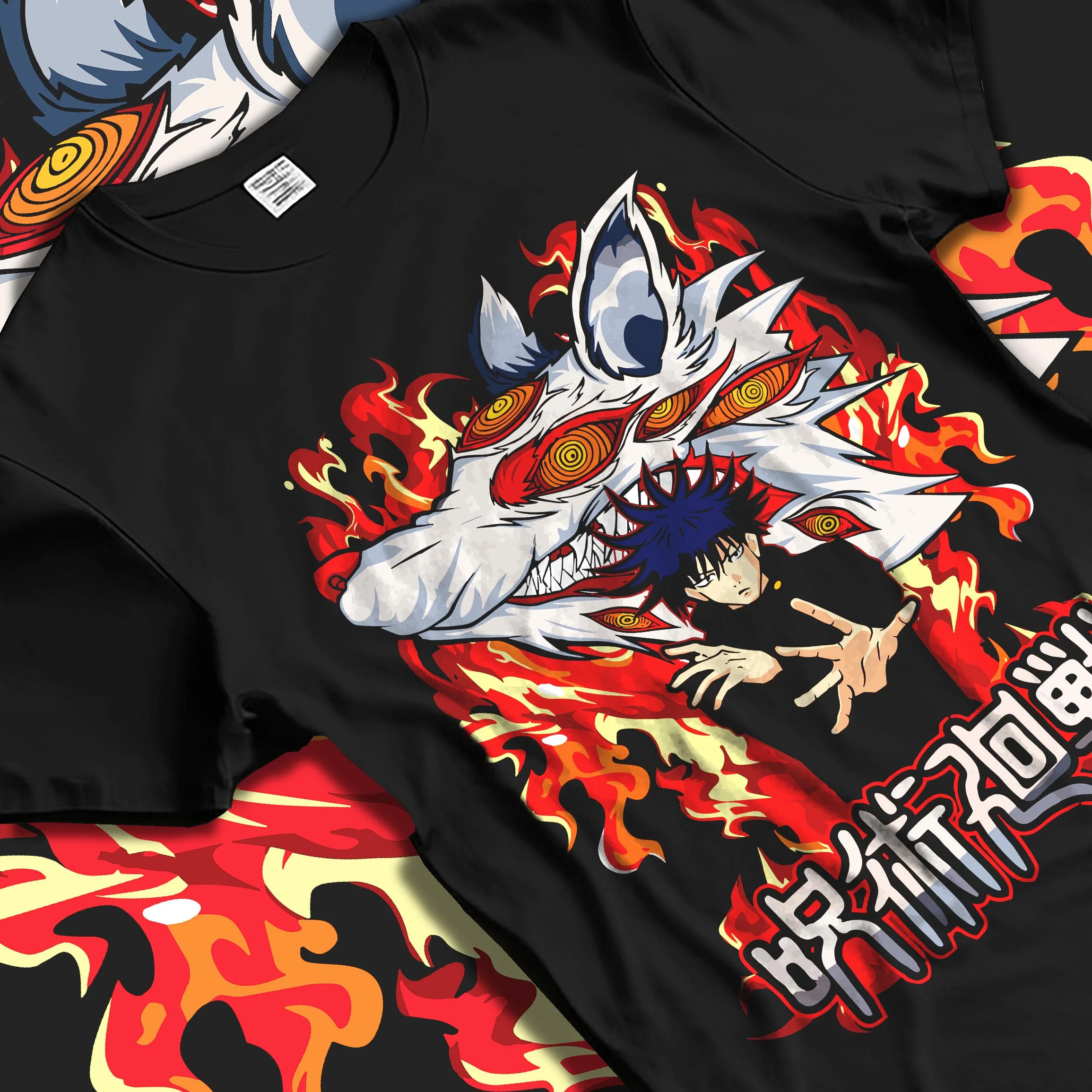 Black T-shirt laid flat with natural folds with Megumi Fushiguro Hoodie Jujutsu Kaisen Chimera graphic premium wear.