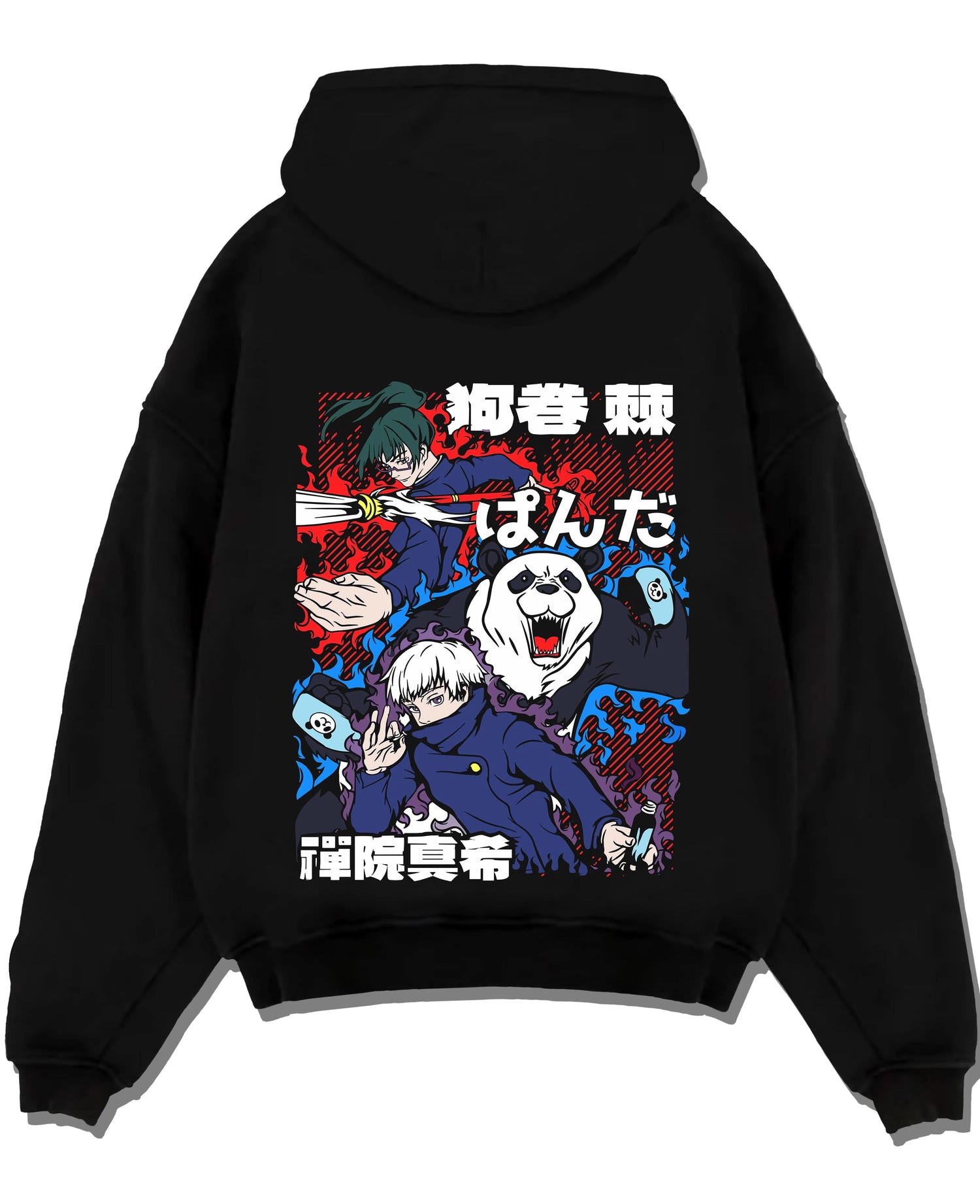 Black pullover hoodie laid flat with Panda Hoodie Jujutsu Kaisen Fusion Scene graphic premium anime clothing.