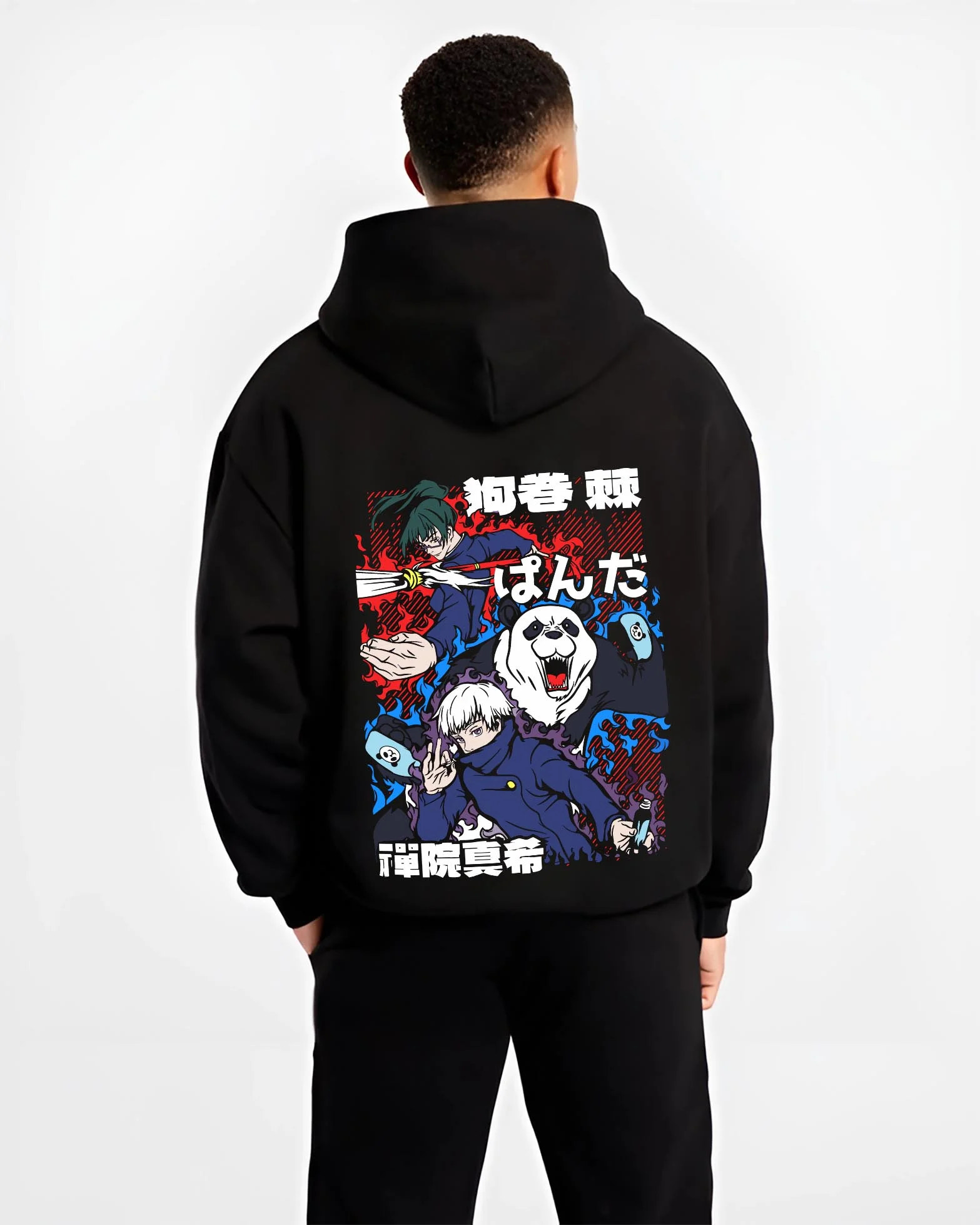 Black hoodie worn by male model, back view with Panda Hoodie Jujutsu Kaisen Fusion Scene graphic premium wear.