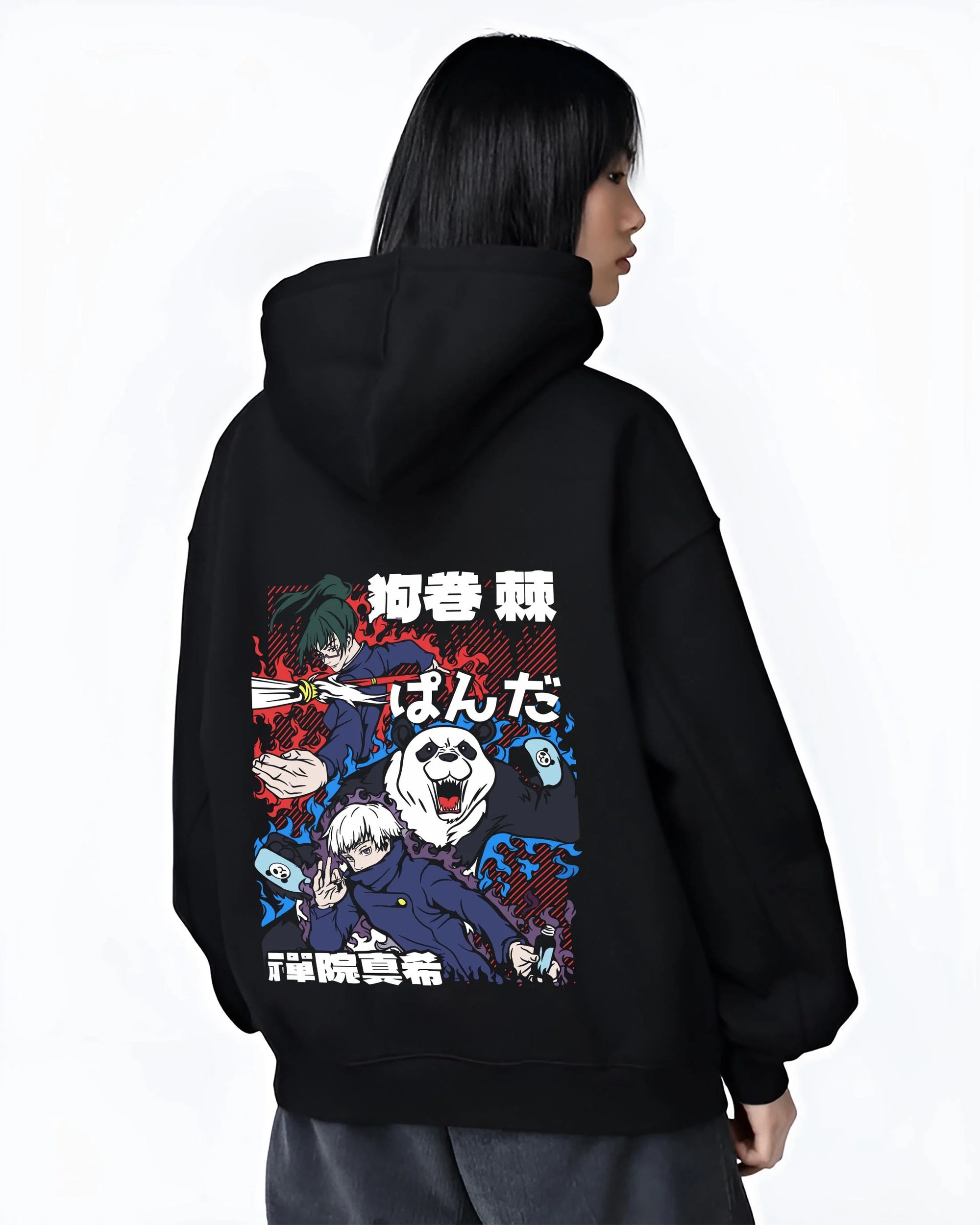 Black hoodie worn by female model, back view with Panda Hoodie Jujutsu Kaisen Fusion Scene graphic bold anime graphic.