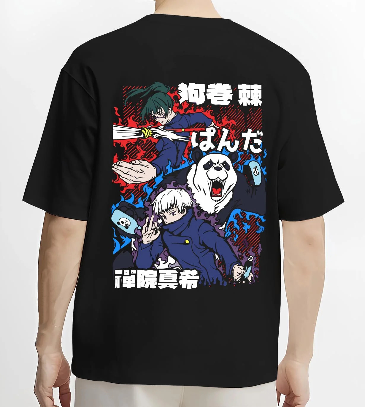 Black T-shirt worn by male model, back view with Panda Hoodie Jujutsu Kaisen Fusion Scene graphic bold anime graphic.