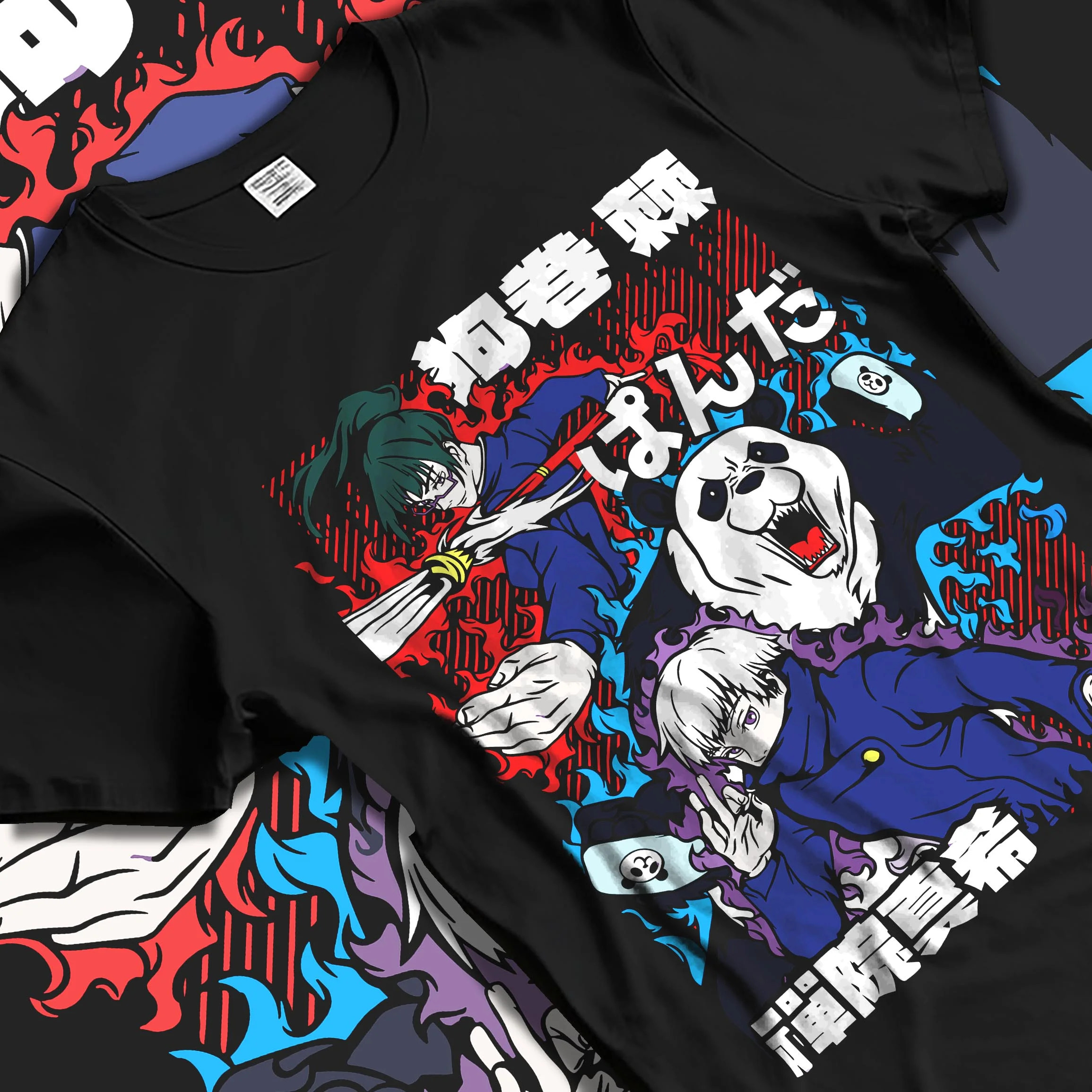 Black T-shirt laid flat with natural folds with Panda Hoodie Jujutsu Kaisen Fusion Scene graphic bold anime graphic.
