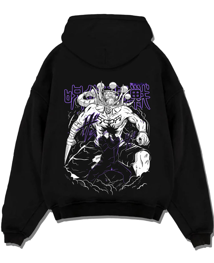 Black pullover hoodie laid flat, featuring anime poster inspired Mahoraga and Megumi Shikigami summon artwork from Jujutsu Kaisen.