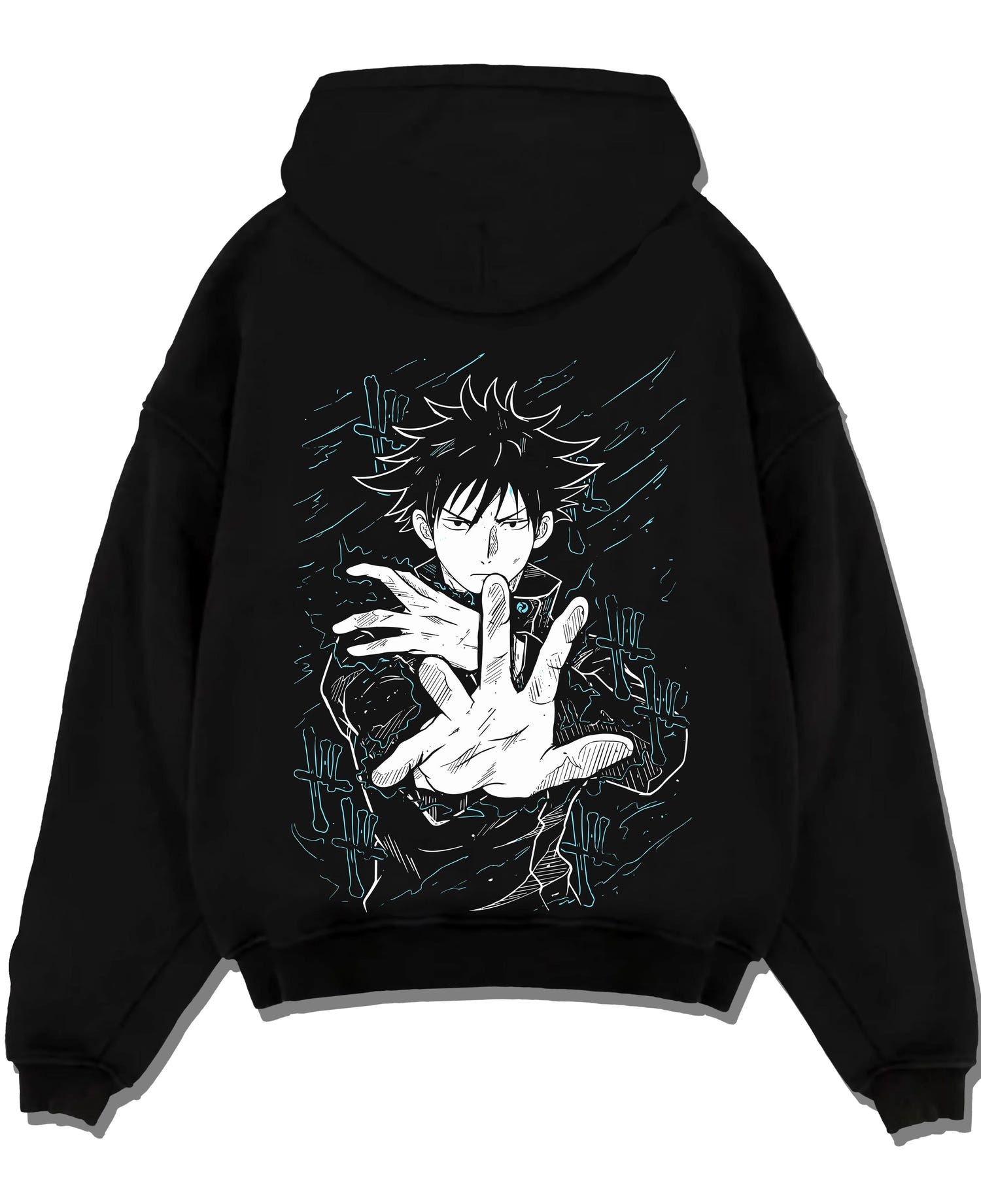 Black pullover hoodie laid flat with Megumi Fushiguro Hoodie Jujutsu Kaisen Shadows graphic premium wear.