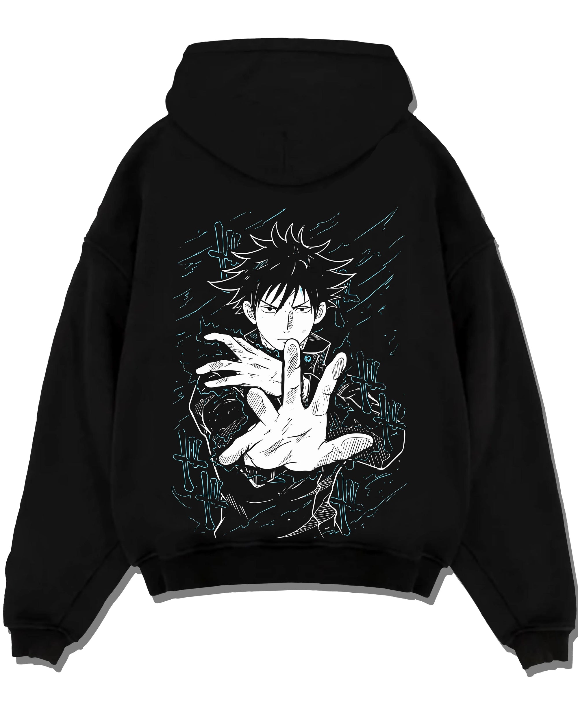 Black pullover hoodie laid flat with Megumi Fushiguro Hoodie Jujutsu Kaisen Shadows graphic premium wear.