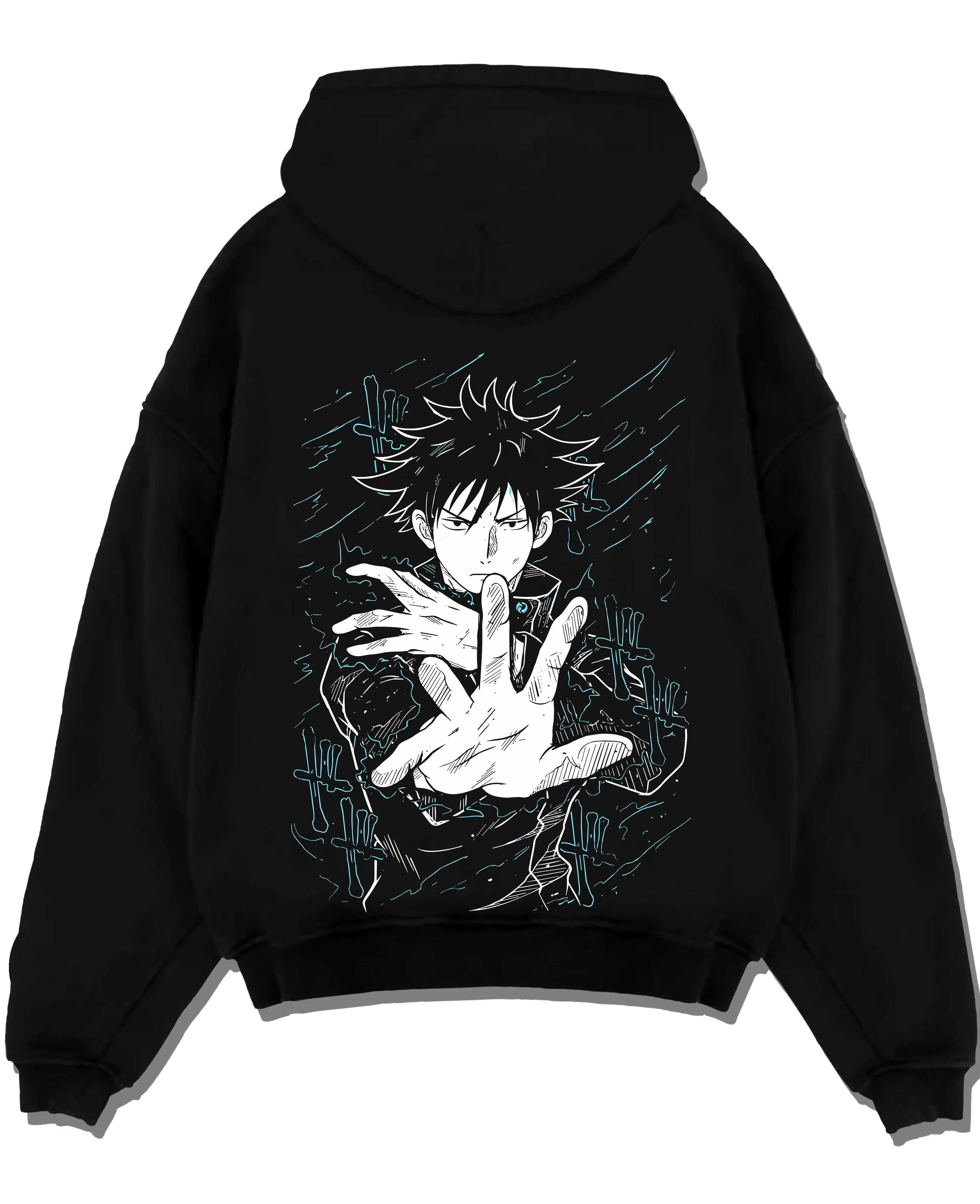 Black pullover hoodie laid flat with Megumi Fushiguro Hoodie Jujutsu Kaisen Shadows graphic premium wear.