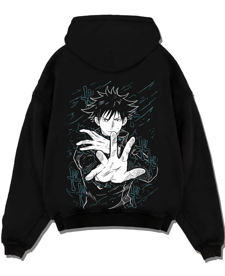 Black pullover hoodie laid flat with Megumi Fushiguro Hoodie Jujutsu Kaisen Shadows graphic premium wear.