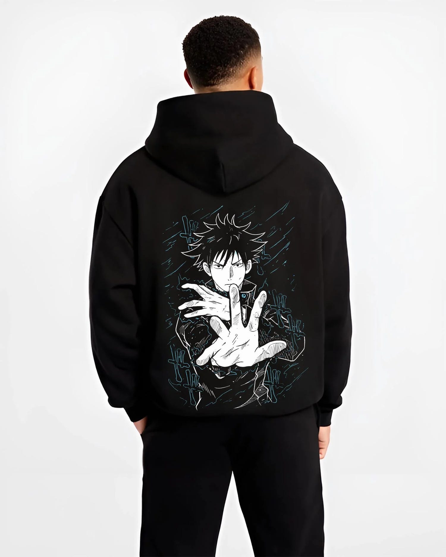 Black hoodie worn by male model, back view with Megumi Fushiguro Hoodie Jujutsu Kaisen Shadows graphic streetwear graphic.