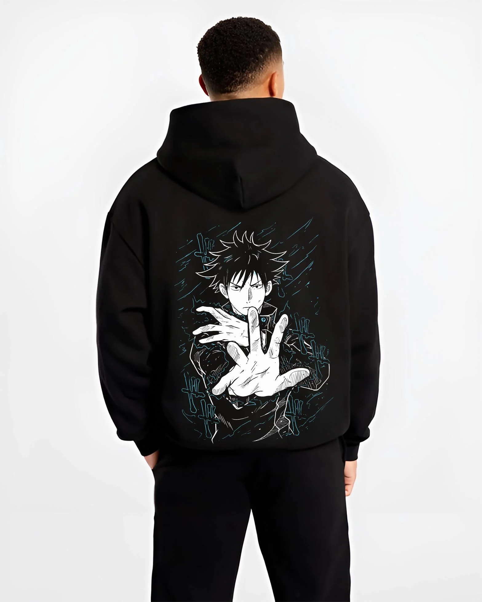 Black hoodie worn by male model, back view with Megumi Fushiguro Hoodie Jujutsu Kaisen Shadows graphic streetwear graphic.