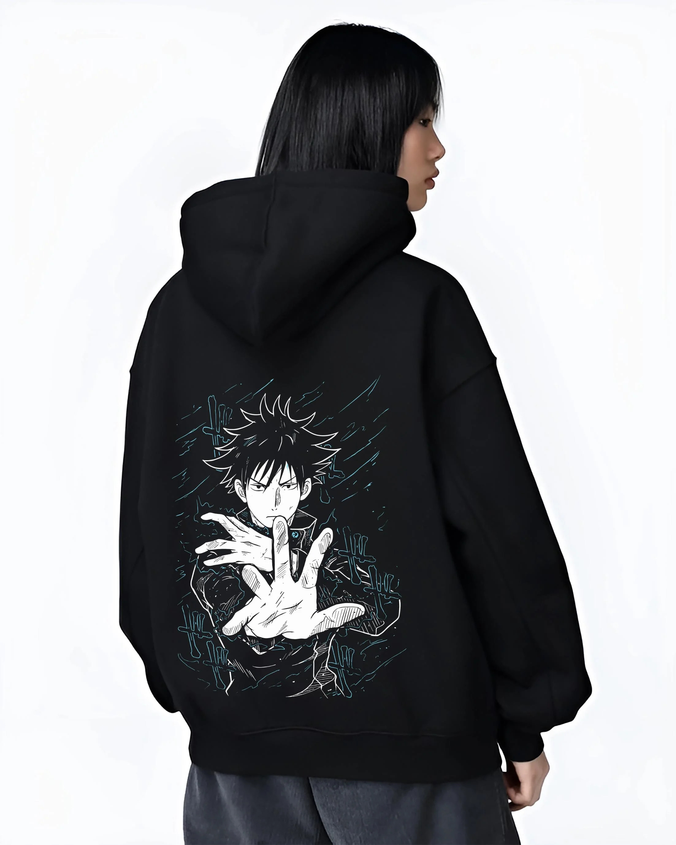 Black hoodie worn by female model, back view with Megumi Fushiguro Hoodie Jujutsu Kaisen Shadows graphic streetwear graphic.