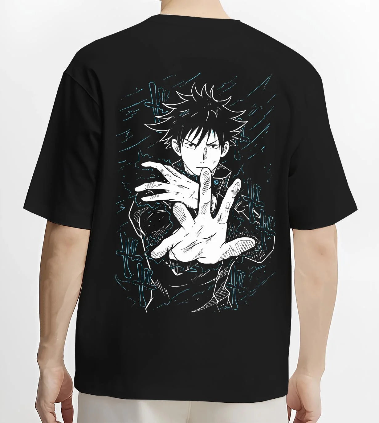 Black T-shirt worn by male model, back view with Megumi Fushiguro Hoodie Jujutsu Kaisen Shadows graphic bold anime graphic.