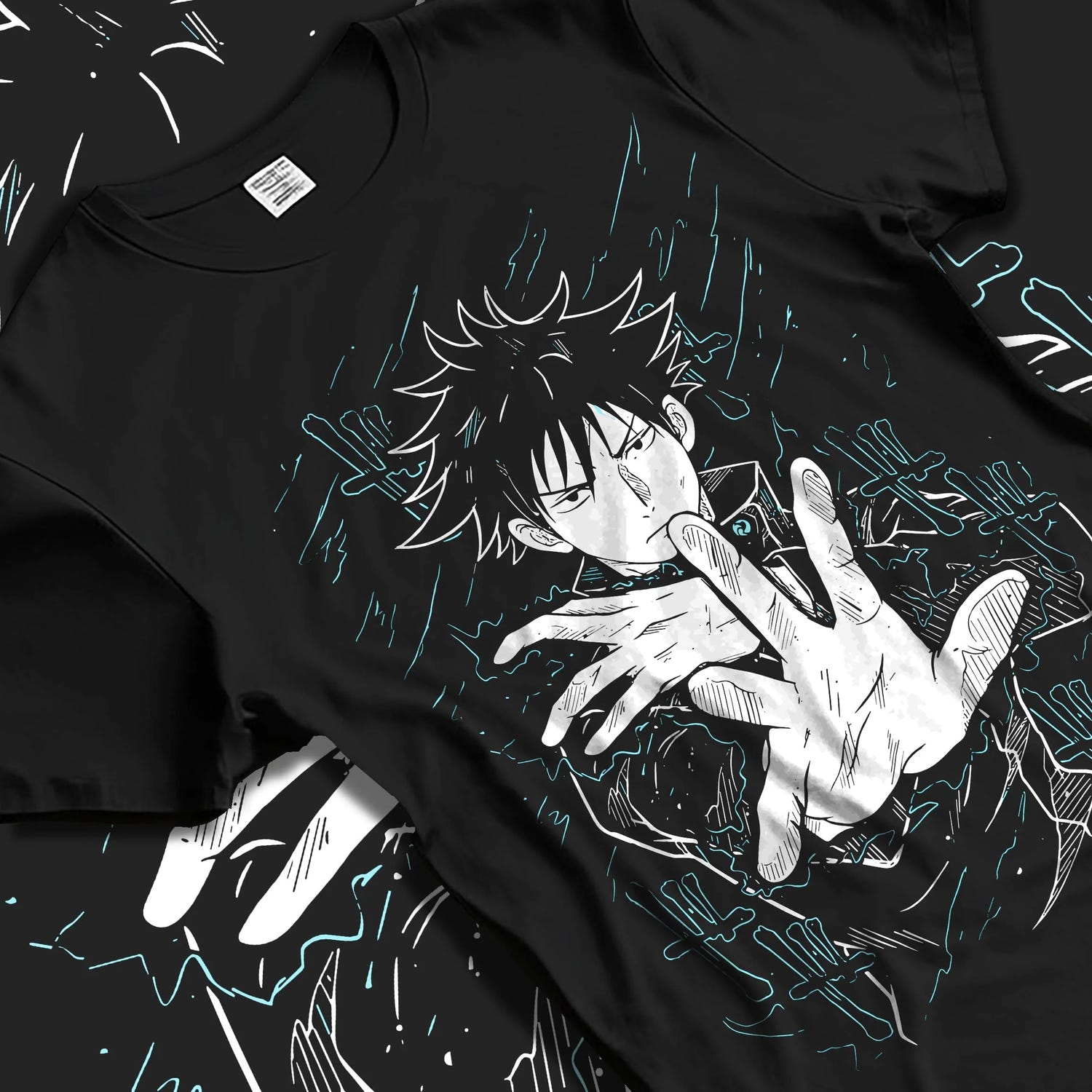 Black T-shirt laid flat with natural folds with Megumi Fushiguro Hoodie Jujutsu Kaisen Shadows graphic premium wear.